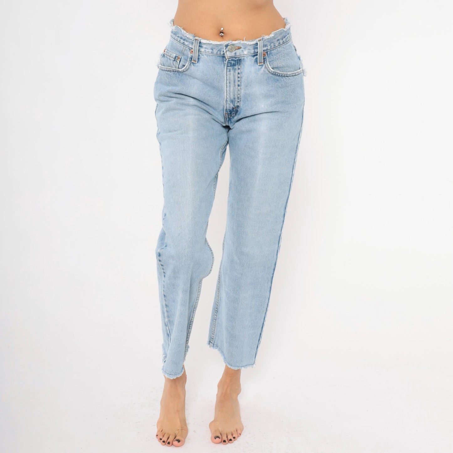 90s Levi's Cropped Jeans Light Wash Raw Hem Distressed Ankle Blue Denim 30x28