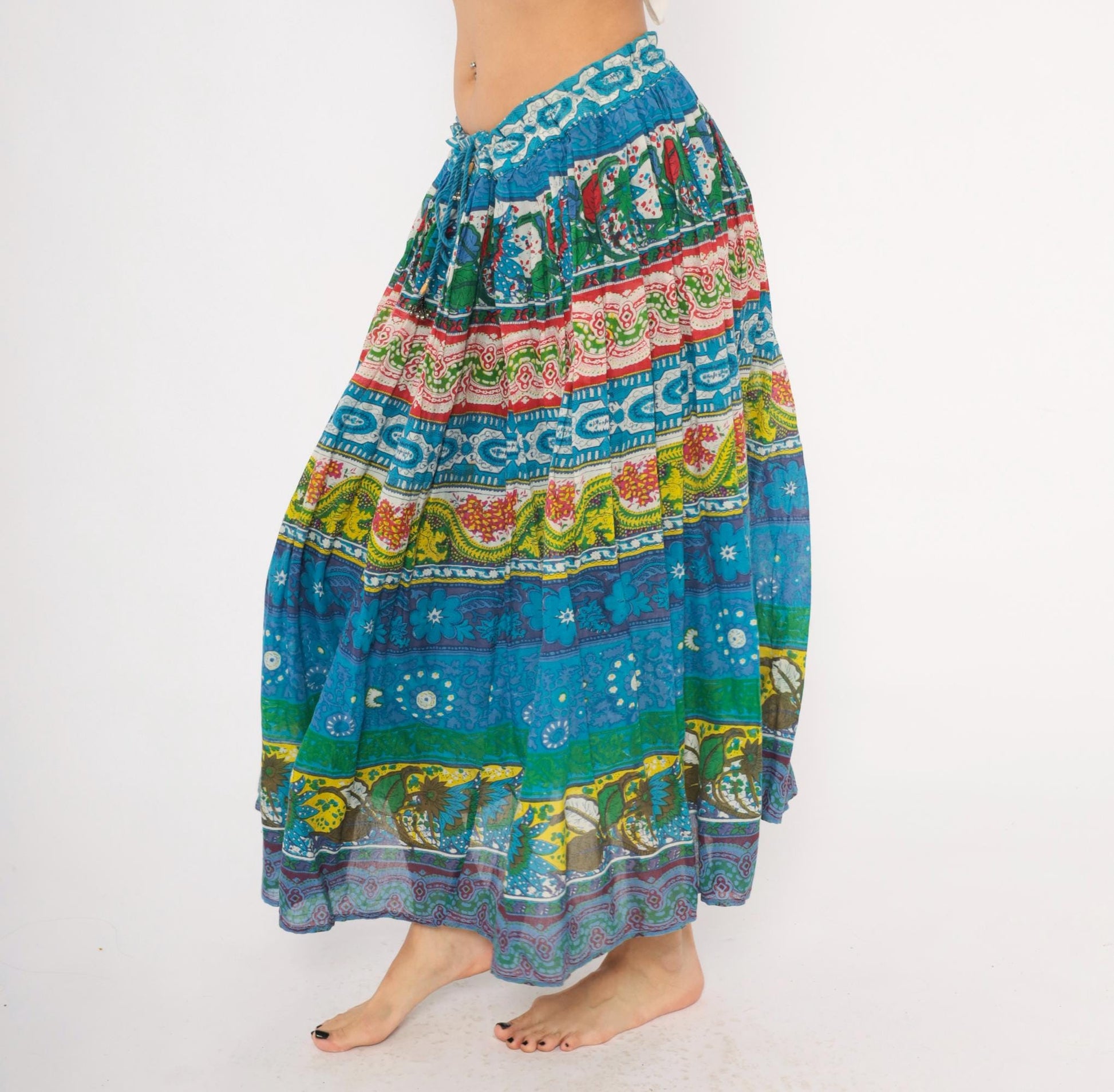 90s Anabell Tiered Maxi Skirt Cobalt Blue Paisley Floral Gauze Extra Large XXL