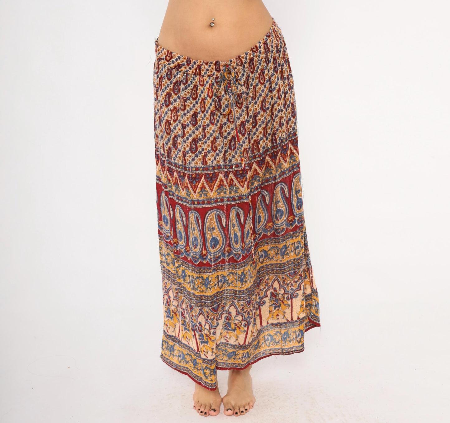 Y2K Lotus Indian Maxi Skirt Burgundy Paisley Gold Drawstring Waist Extra Large XXL