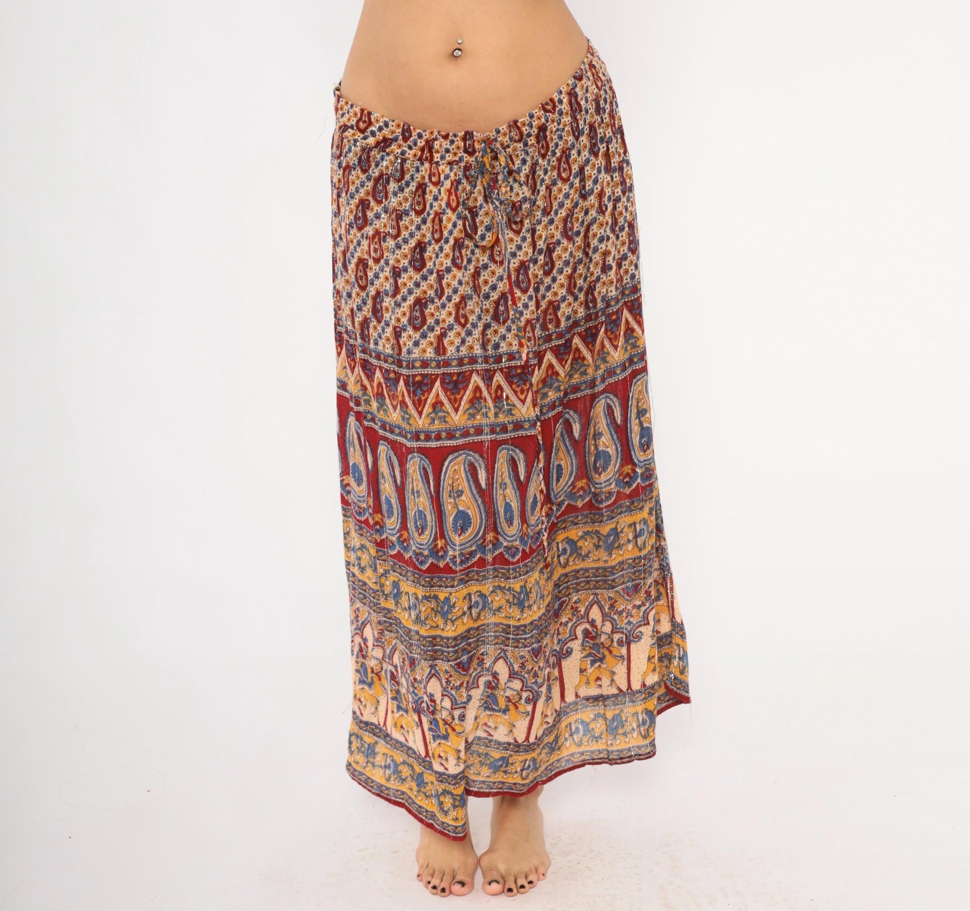 Y2K Lotus Indian Maxi Skirt Burgundy Paisley Gold Drawstring Waist Extra Large XXL