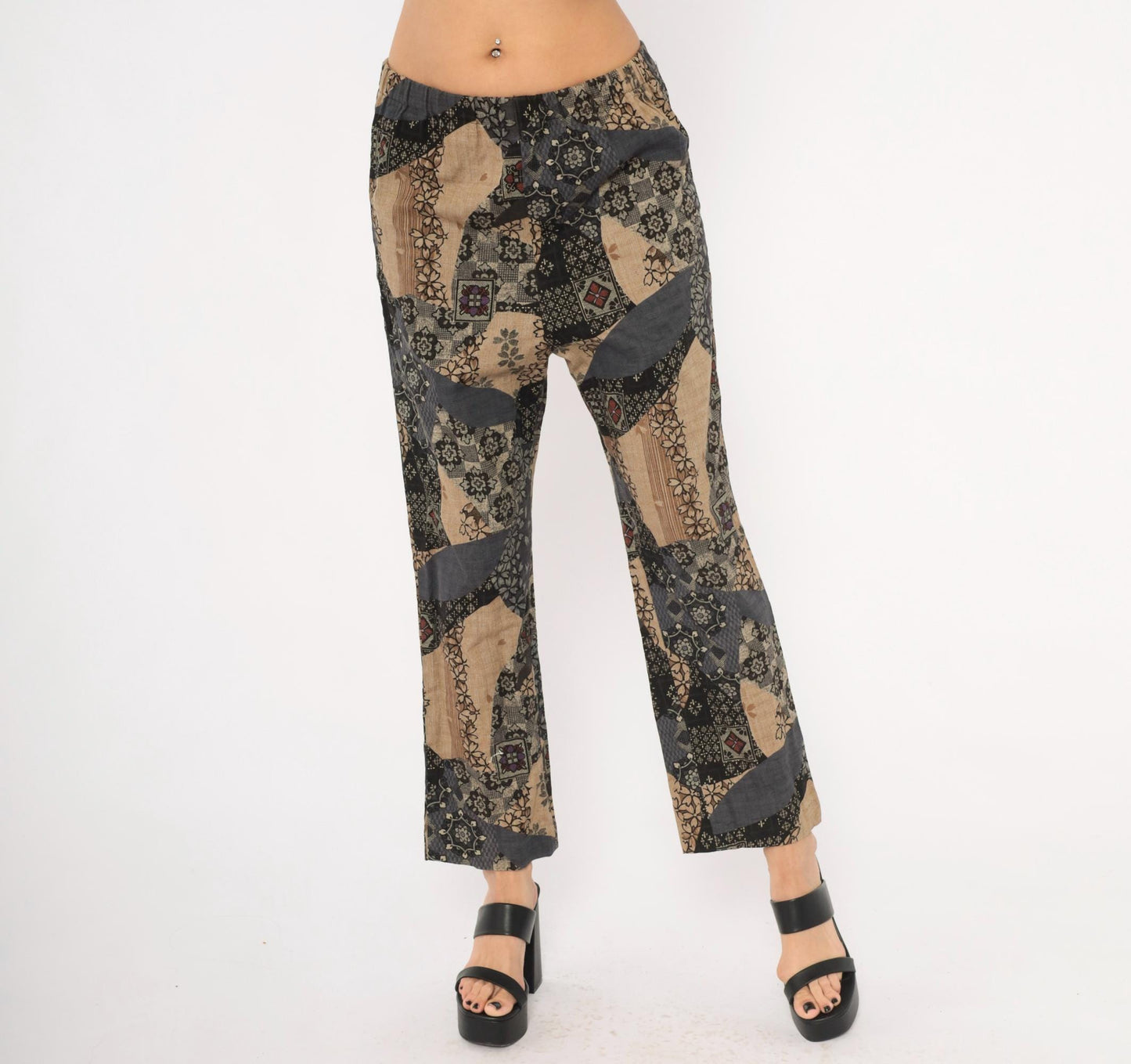 90s Patchwork Print Wide Leg Trousers Black Floral Geometric Elastic Waist Medium M