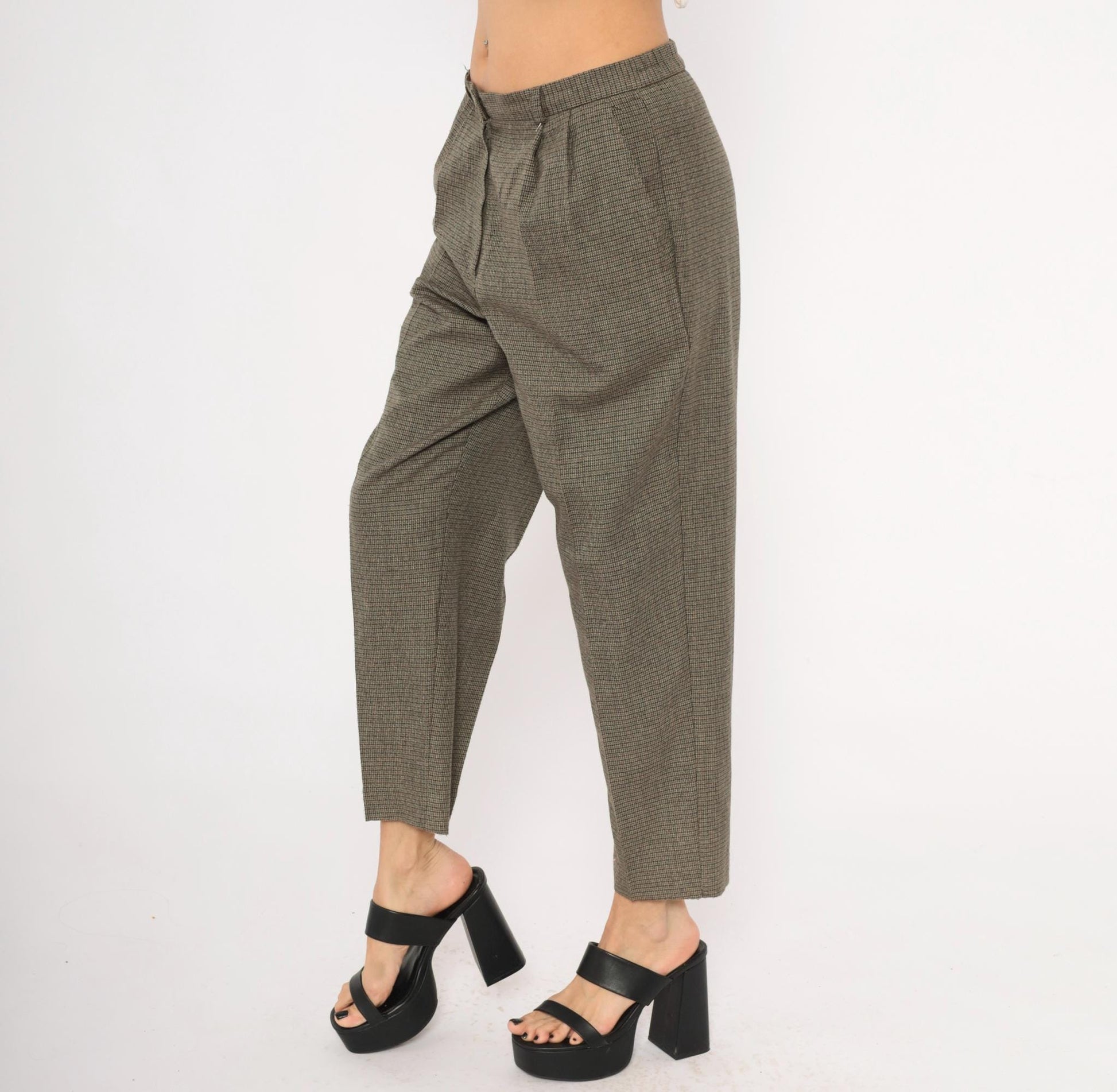 90s Requirements Houndstooth Pleated Trousers Olive High Waist Tapered Petite 8P