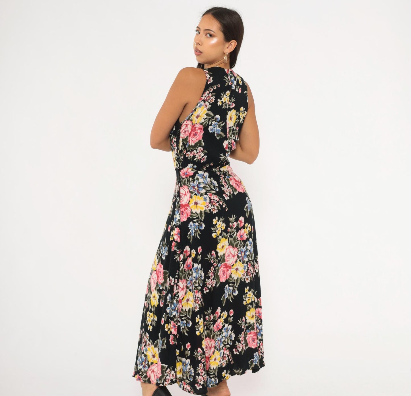 90s Style Works Floral Maxi Dress Black Pink Rose Yellow Blue Sleeveless Medium M