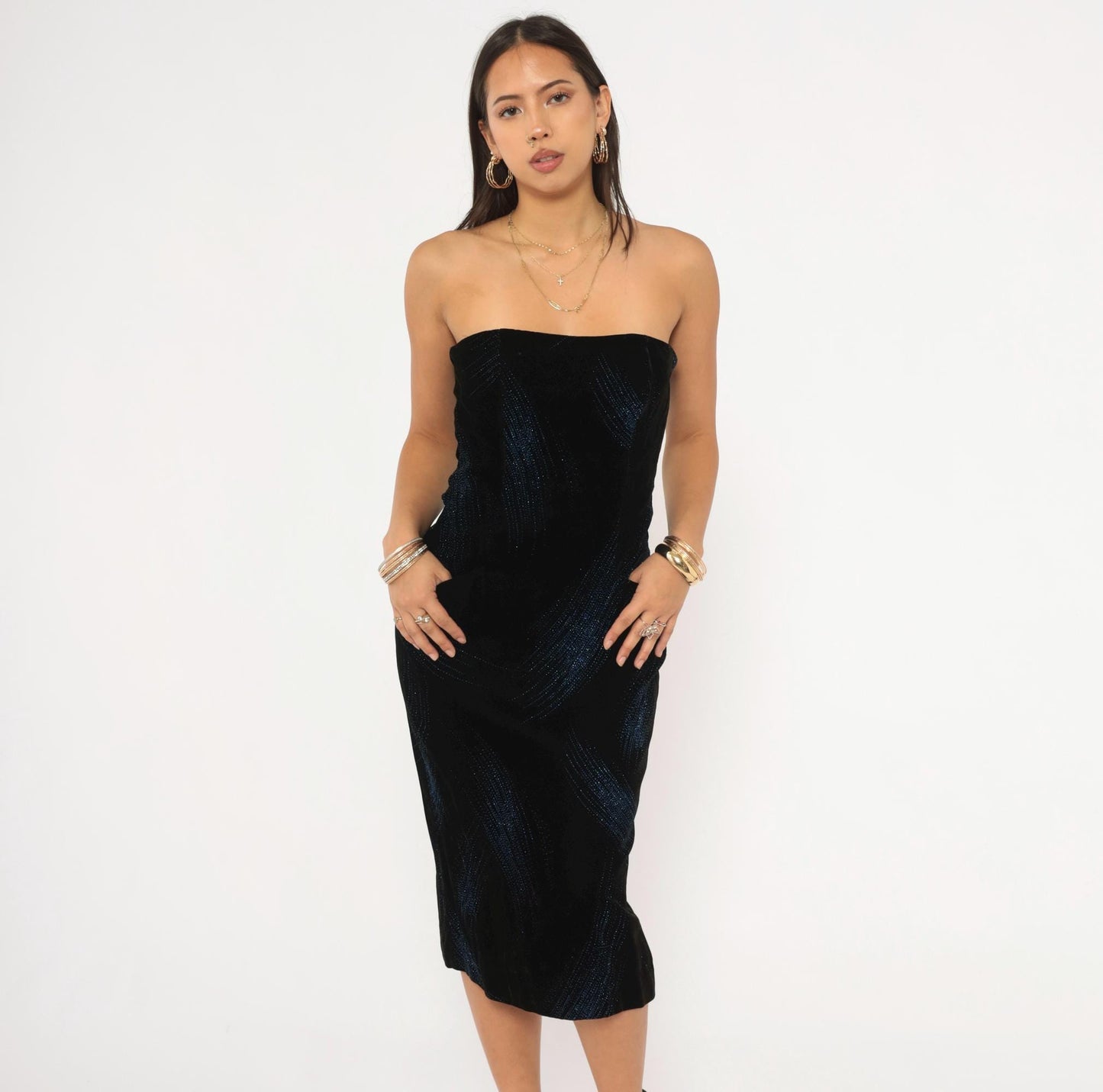 90s A.J. Bari Black Velvet Strapless Dress Blue Glitter Stripe Knee Length Small