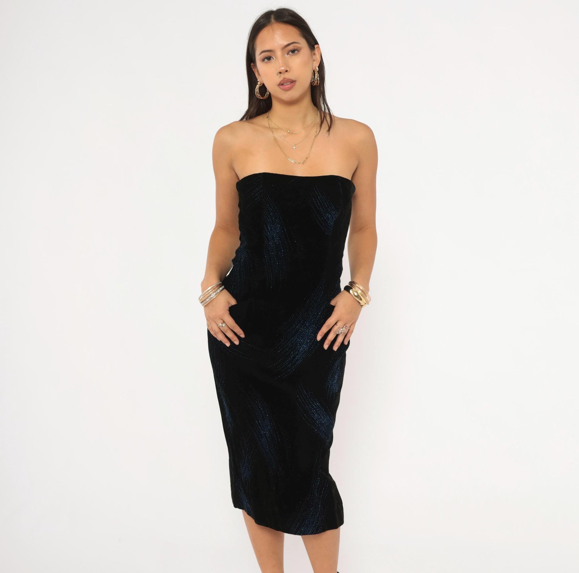 90s A.J. Bari Black Velvet Strapless Dress Blue Glitter Stripe Knee Length Small