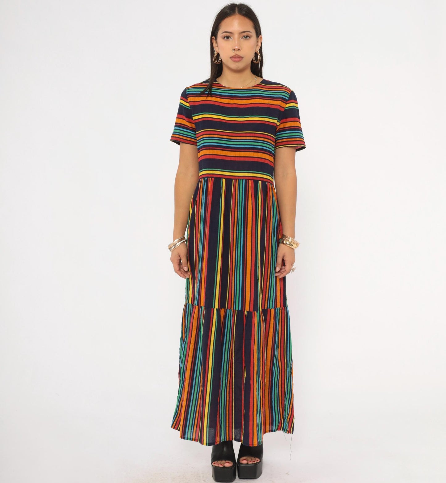 2000s Rainbow Stripe Maxi Dress Navy Multicolor Tiered Skirt Medium M