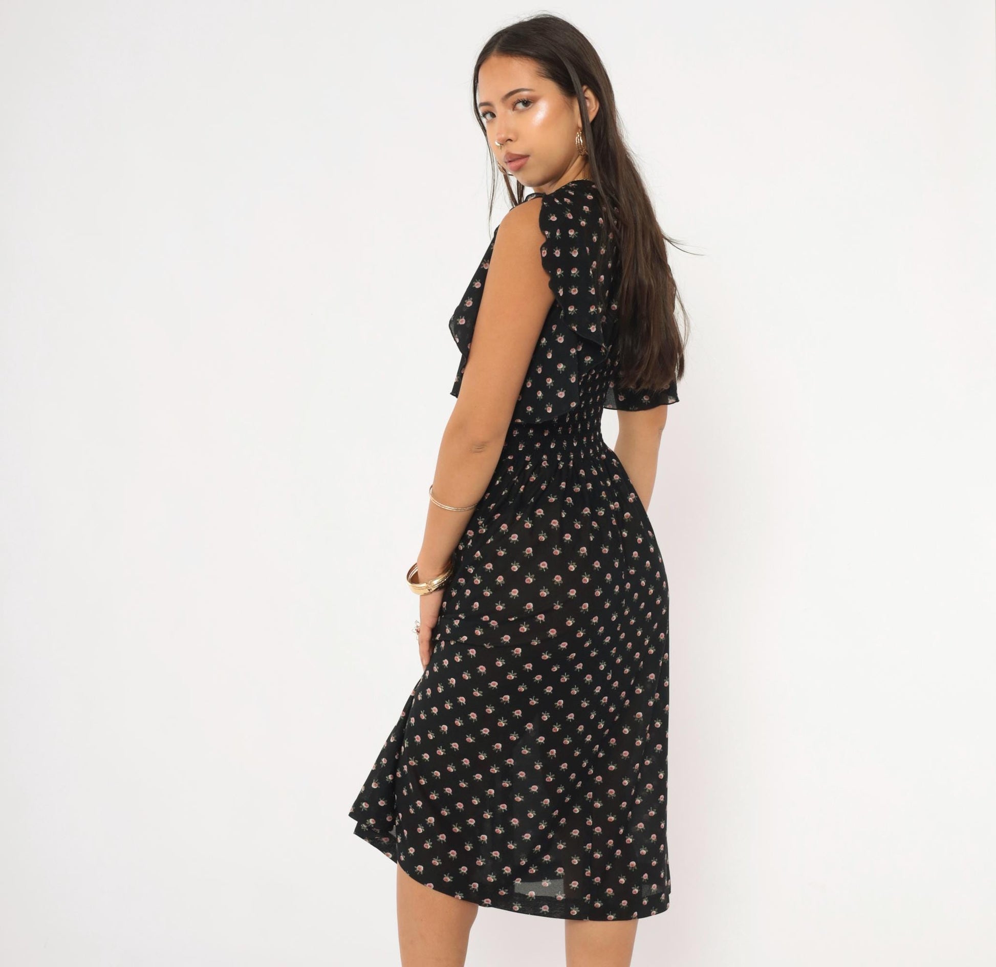 70s Act 1 New York Floral Midi Dress Flutter Sleeve Black Rose Print Small Medium
