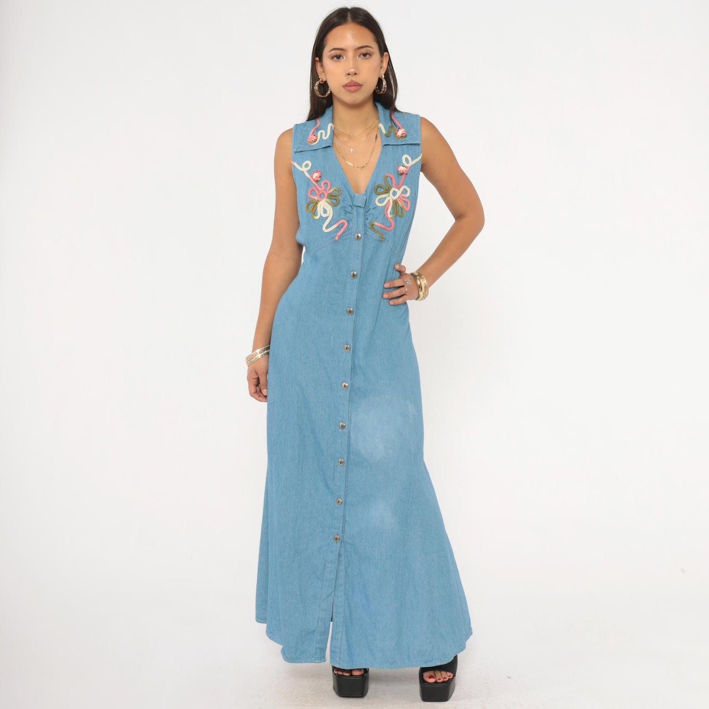 90s Midnite Light Blue Denim Maxi Dress Floral Embroidery Collared Medium M