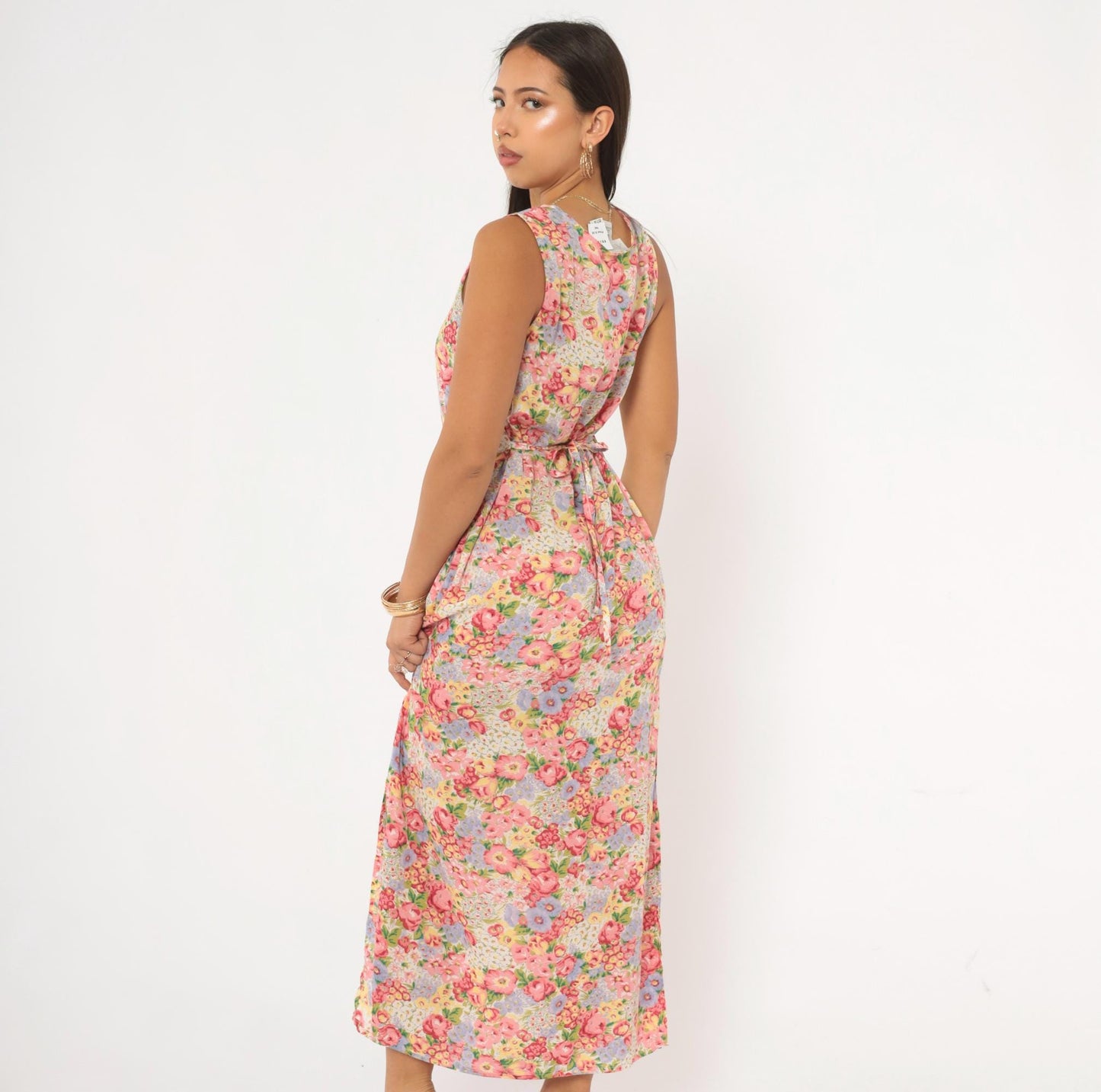 90s Casual Corner Annex Floral Maxi Dress Pink Garden Print Tie Back Small