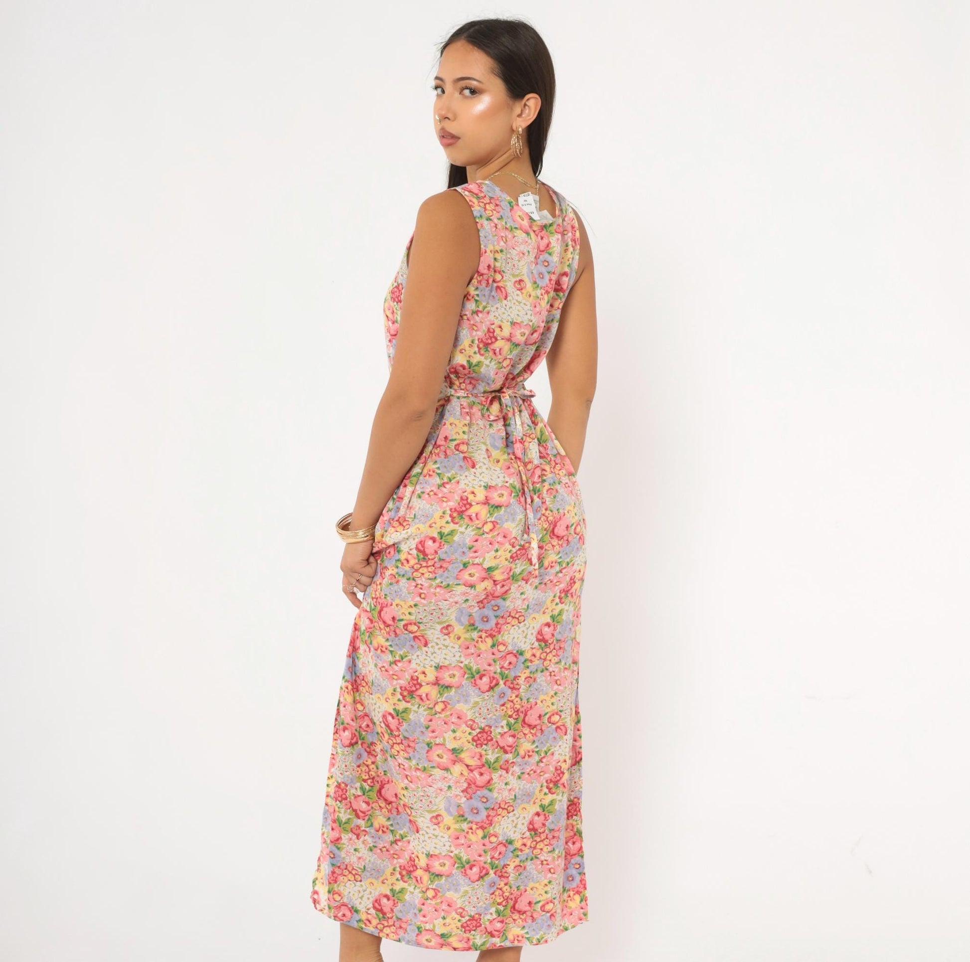 90s Casual Corner Annex Floral Maxi Dress Pink Garden Print Tie Back Small