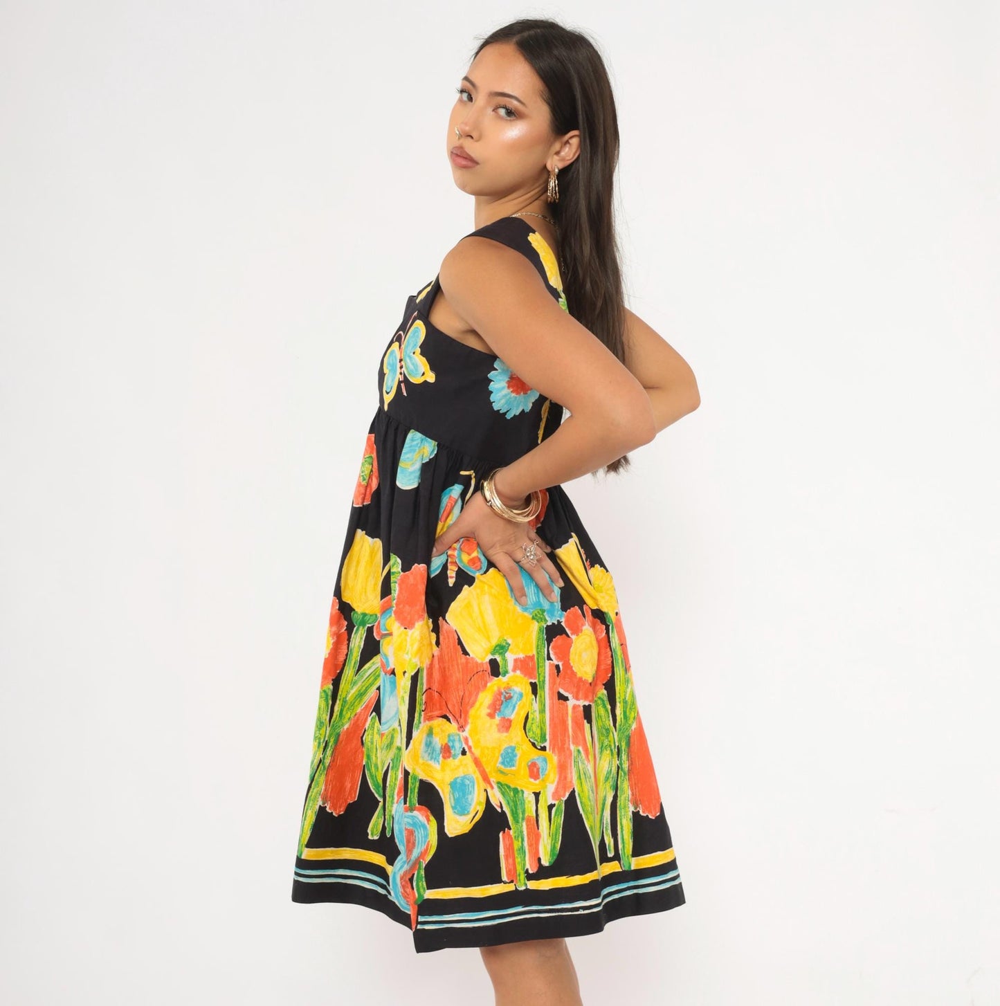 70s Dela Ann Creation Babydoll Dress Black Yellow Butterfly Floral Empire Waist Small