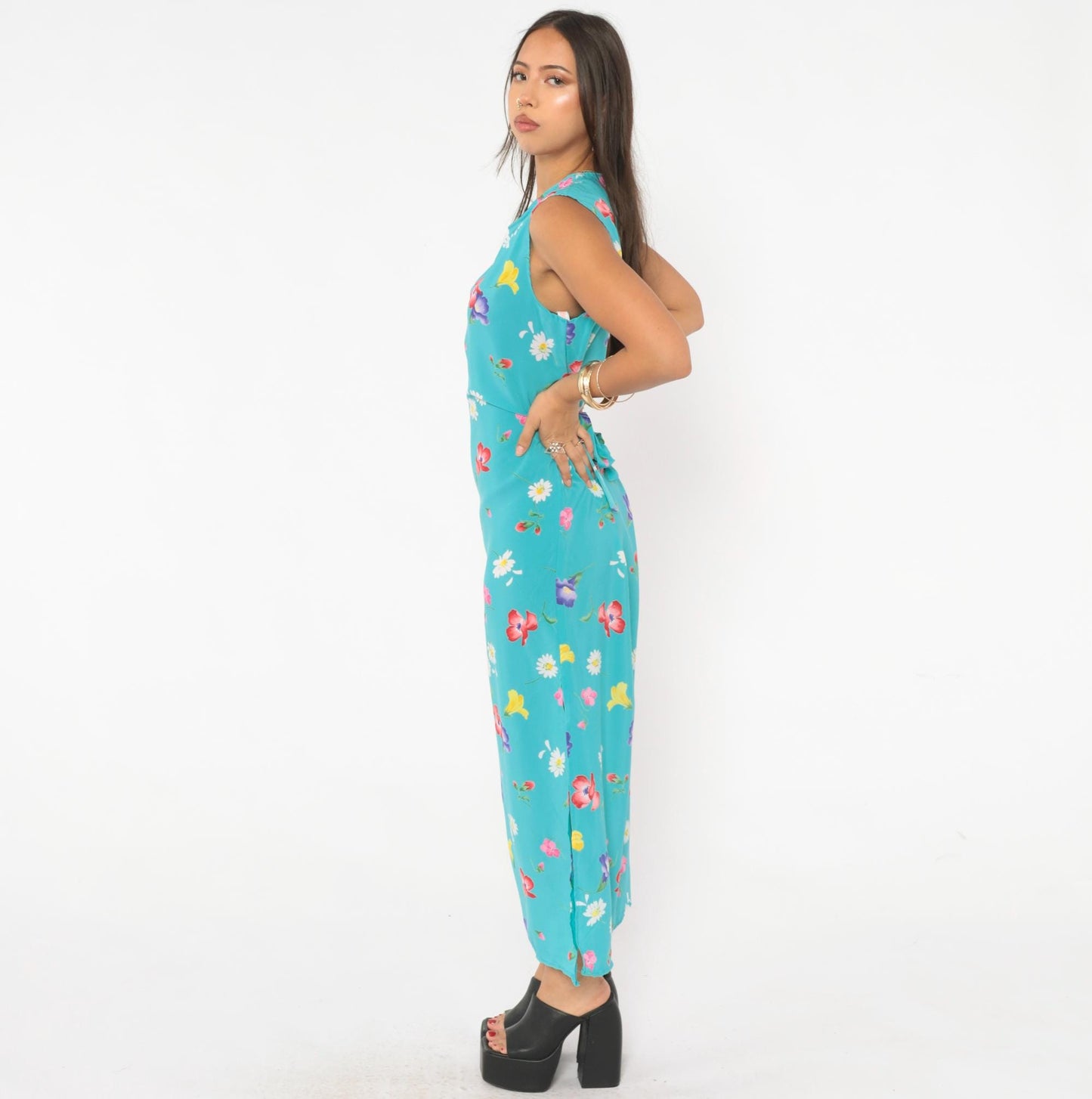 90s Top Secret New York Floral Maxi Dress Turquoise Wildflower Medium M