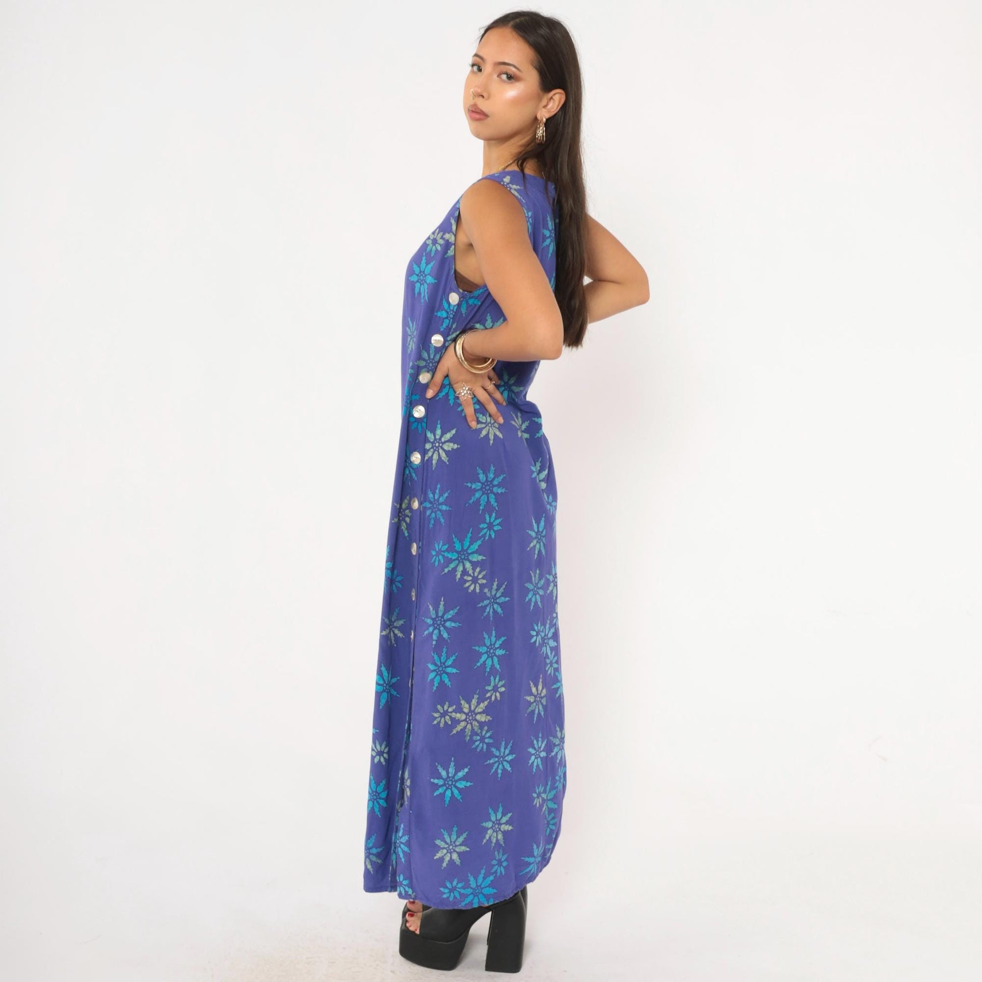 90s Temptation Batik Maxi Dress Purple Teal Starburst Floral Sleeveless Medium