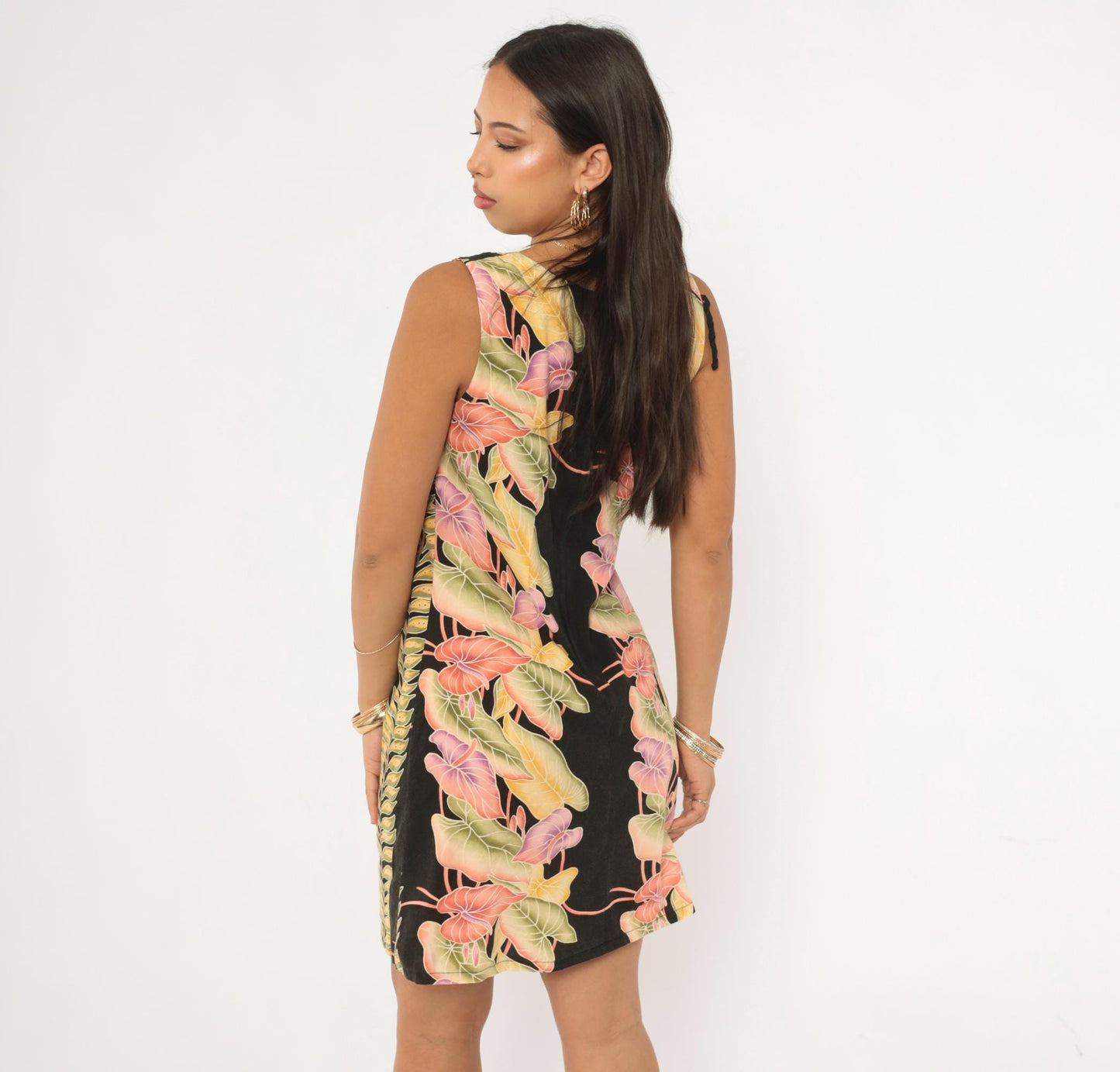 90s Kalaheo Hawaiian Shift Dress Black Tropical Floral Mini Small S