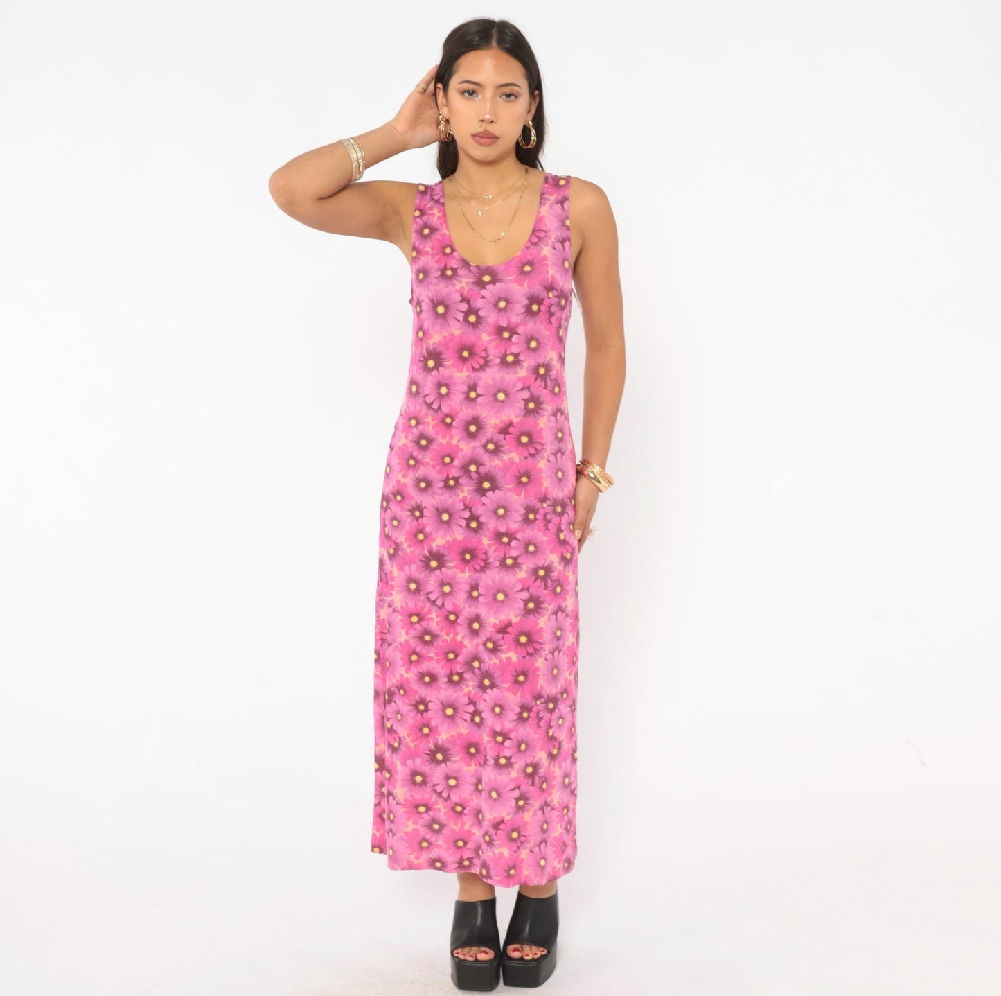 90s Pacific Palm Pink Floral Maxi Dress Daisy Tank Scoop Neck Medium M