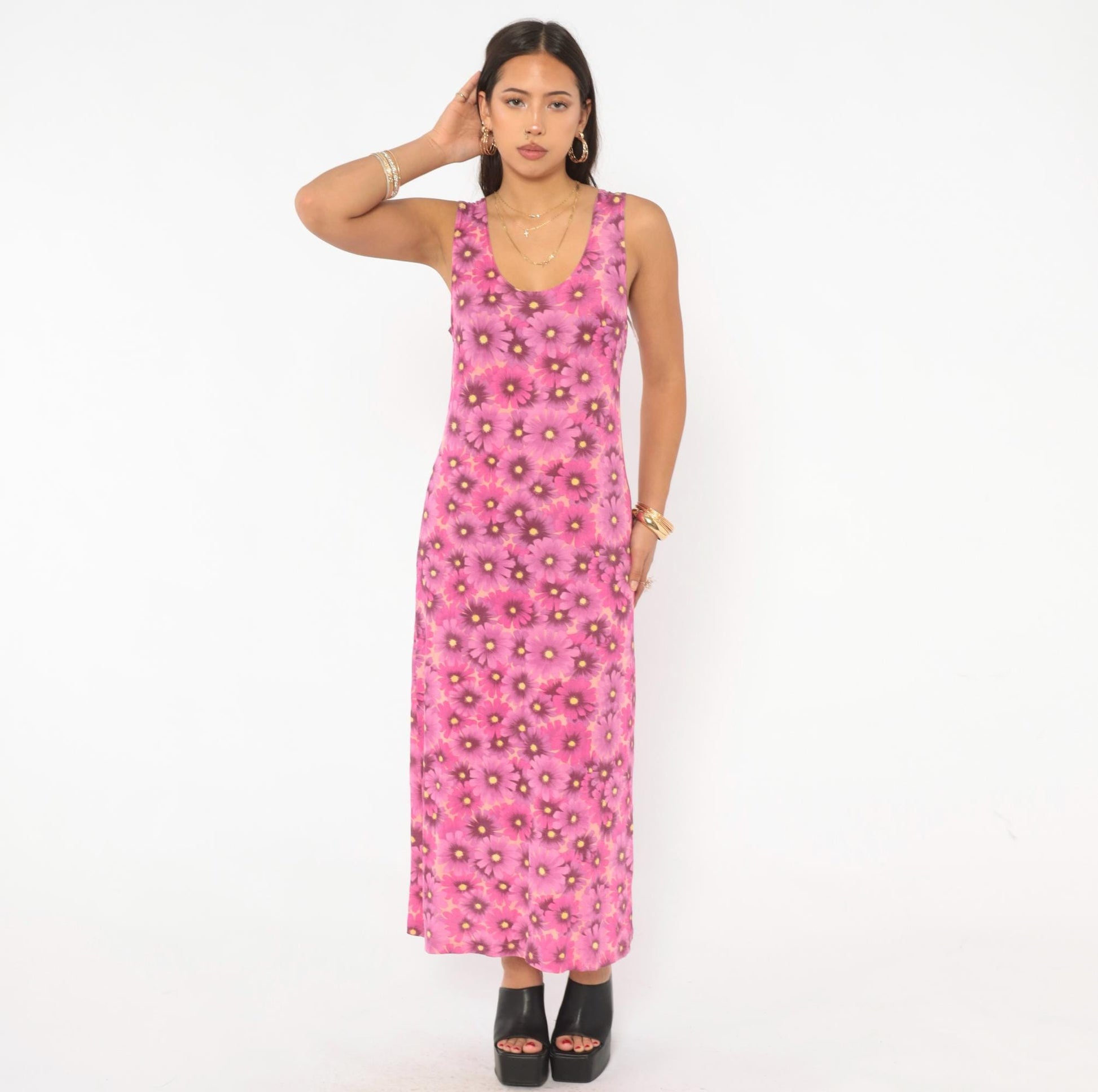 90s Pacific Palm Pink Floral Maxi Dress Daisy Tank Scoop Neck Medium M