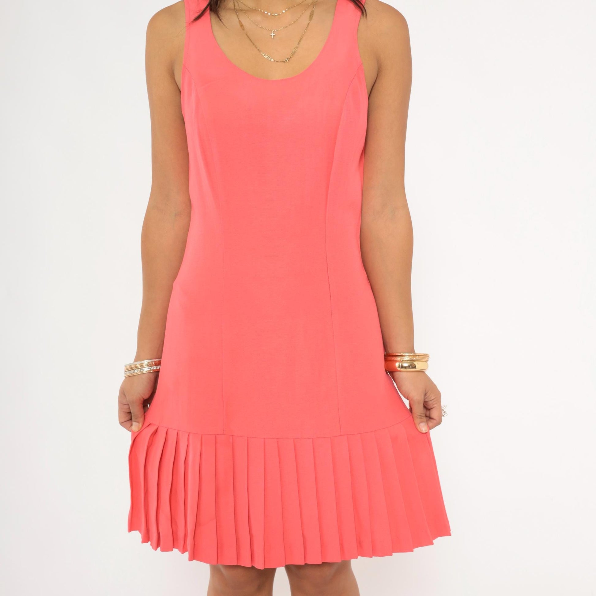 90s Coral Pleated Mini Dress Sleeveless Drop Waist Scoop Neck Small S