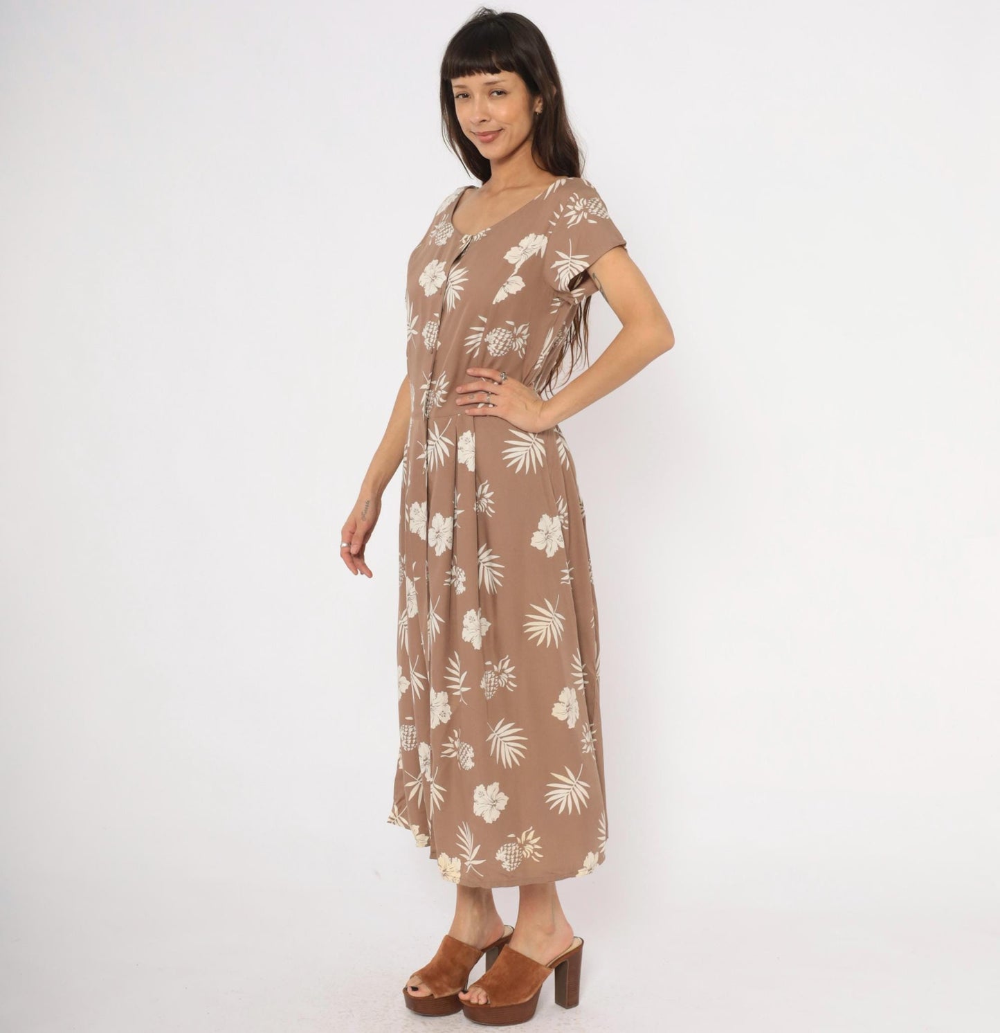 80s Apart Tropical Hibiscus Maxi Dress Tan Cream Cap Sleeve Medium M