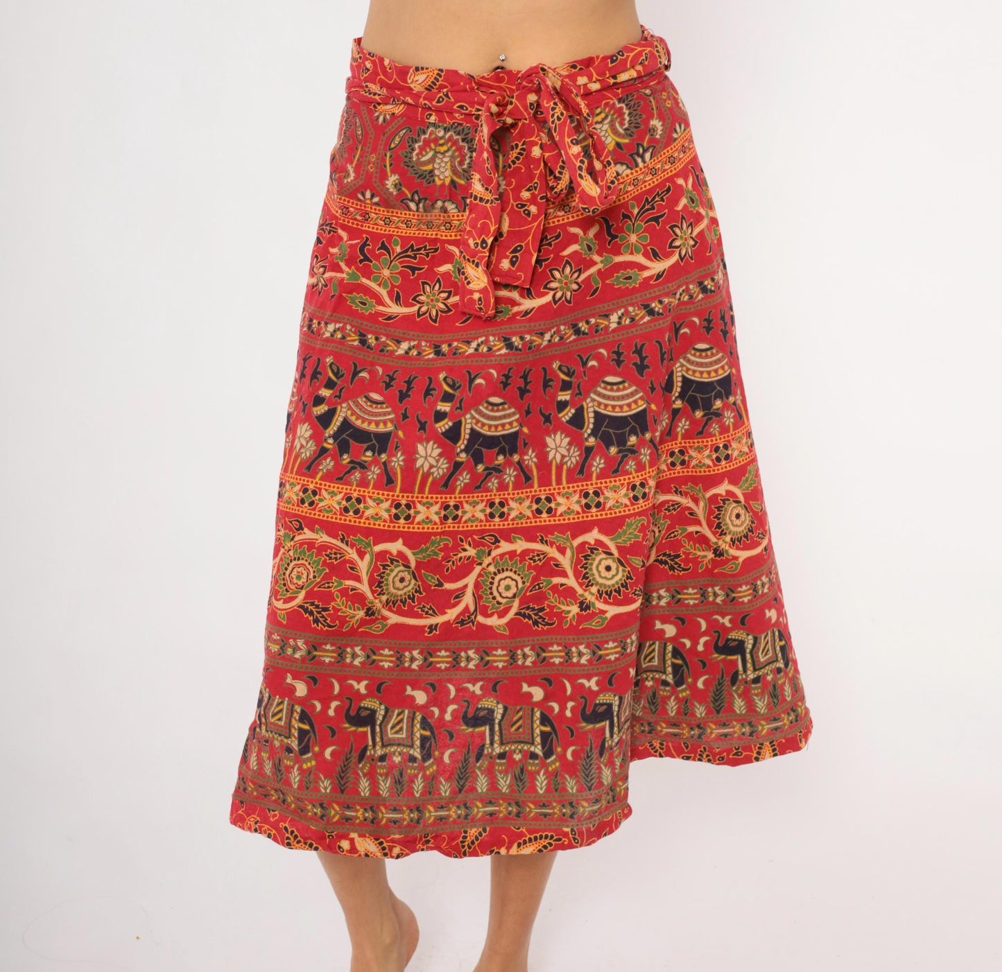 90s Indian Block Print Cotton Wrap Skirt Red Elephant Floral Small