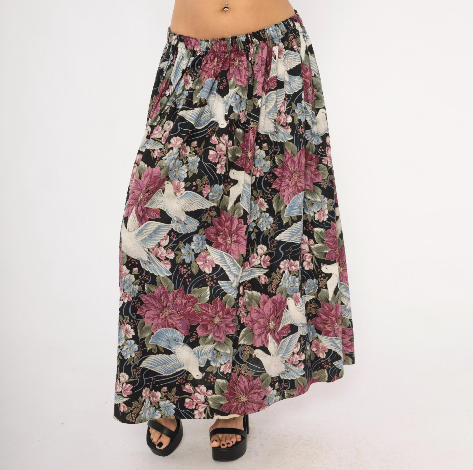 80s Navy Dove Poinsettia Maxi Skirt Cotton Floral A-Line Medium Large