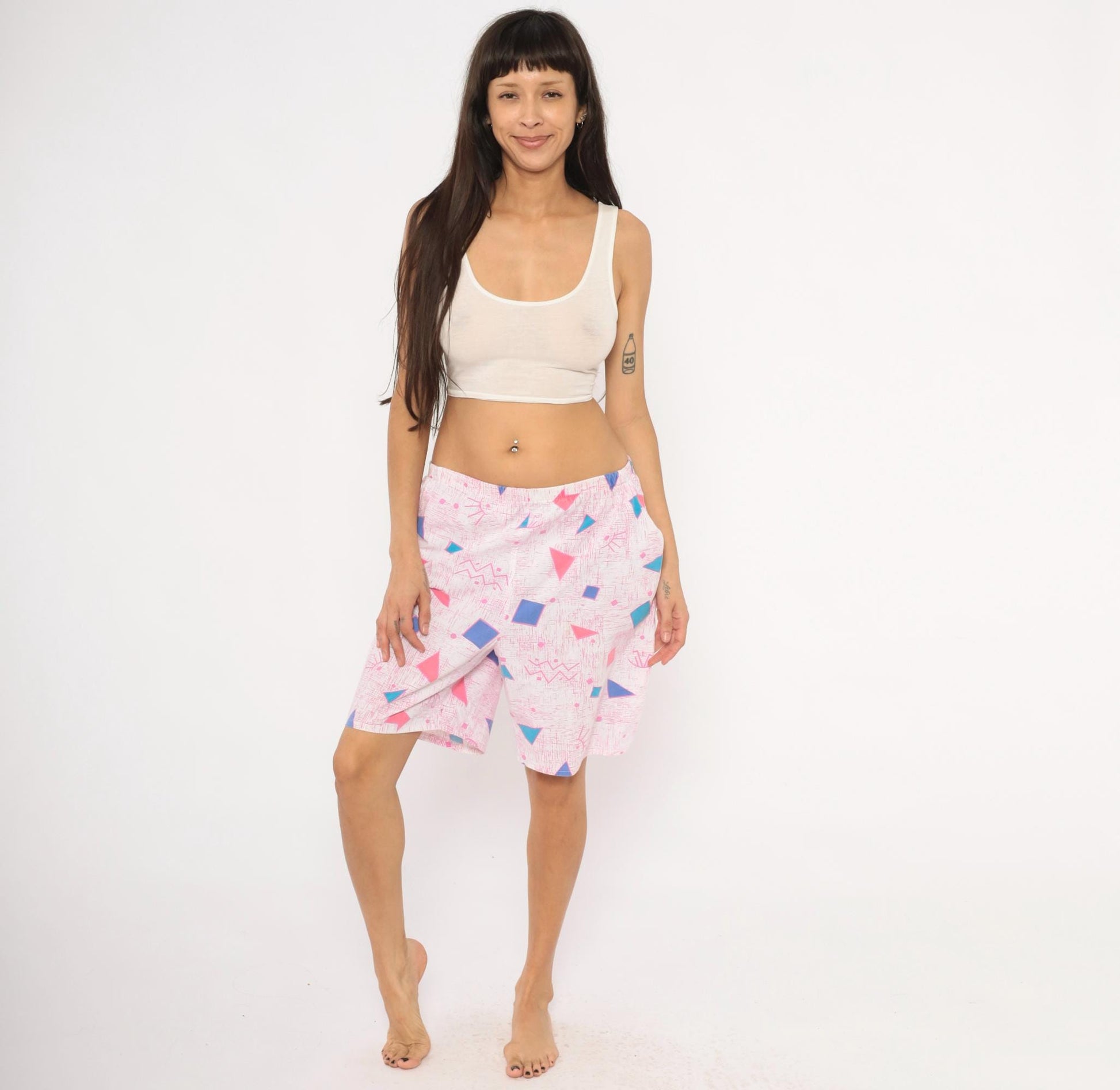 80s Geometric Triangle Shorts Pink Teal Blue Cotton Knee-Length Medium