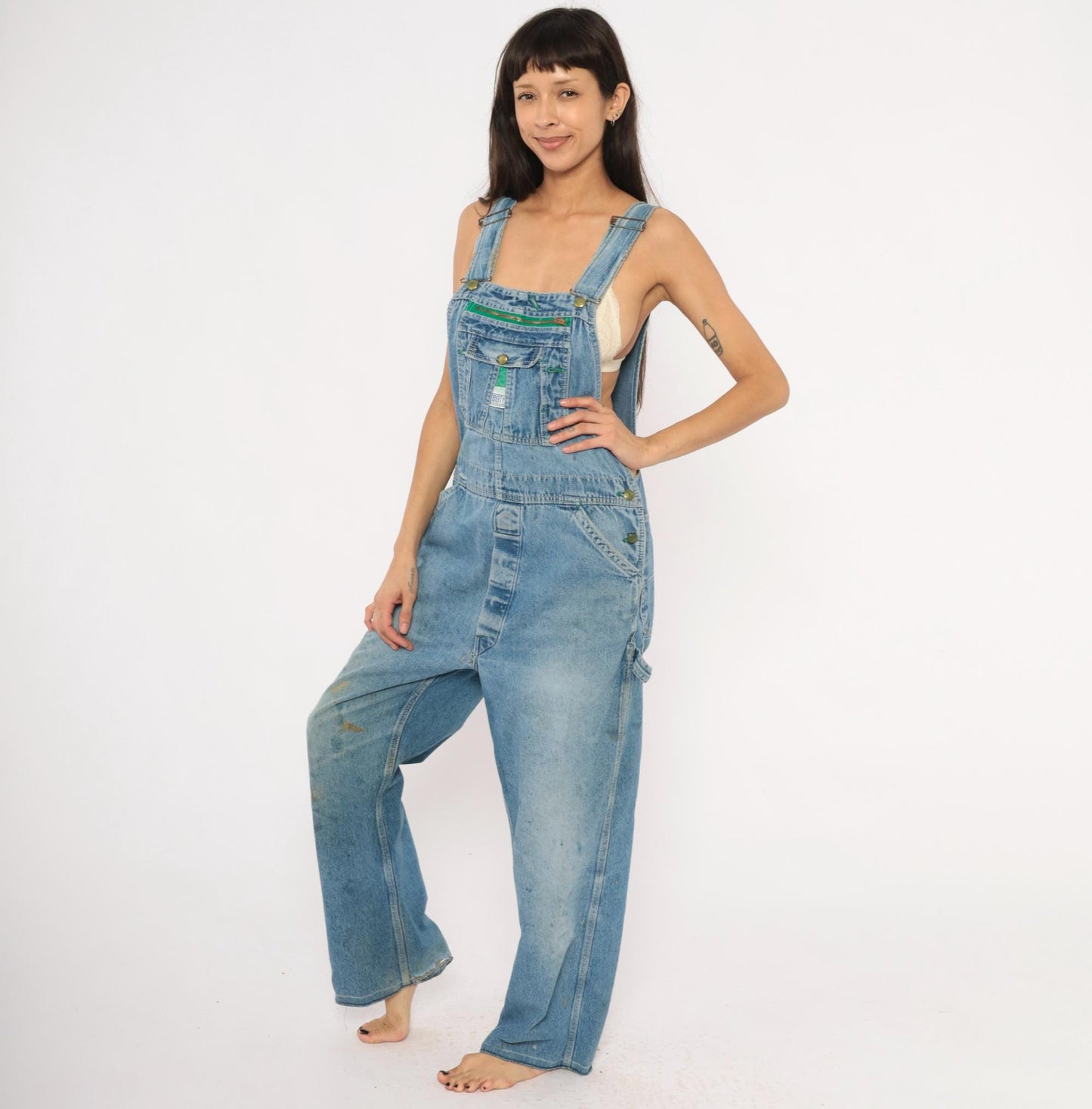 90s Liberty Denim Bib Overalls Green Zipper Distressed Workwear Medium