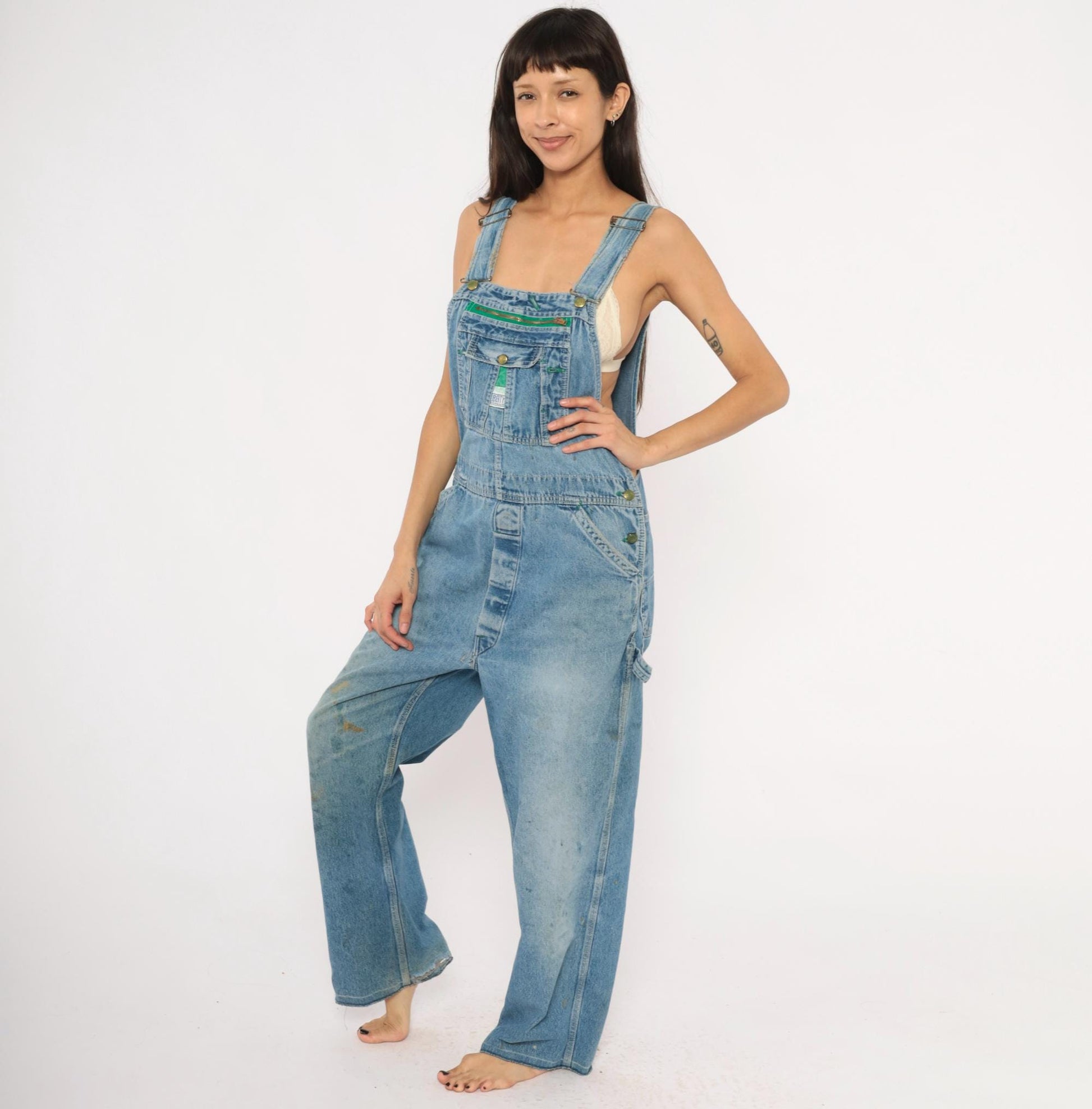 90s Liberty Denim Bib Overalls Green Zipper Distressed Workwear Medium