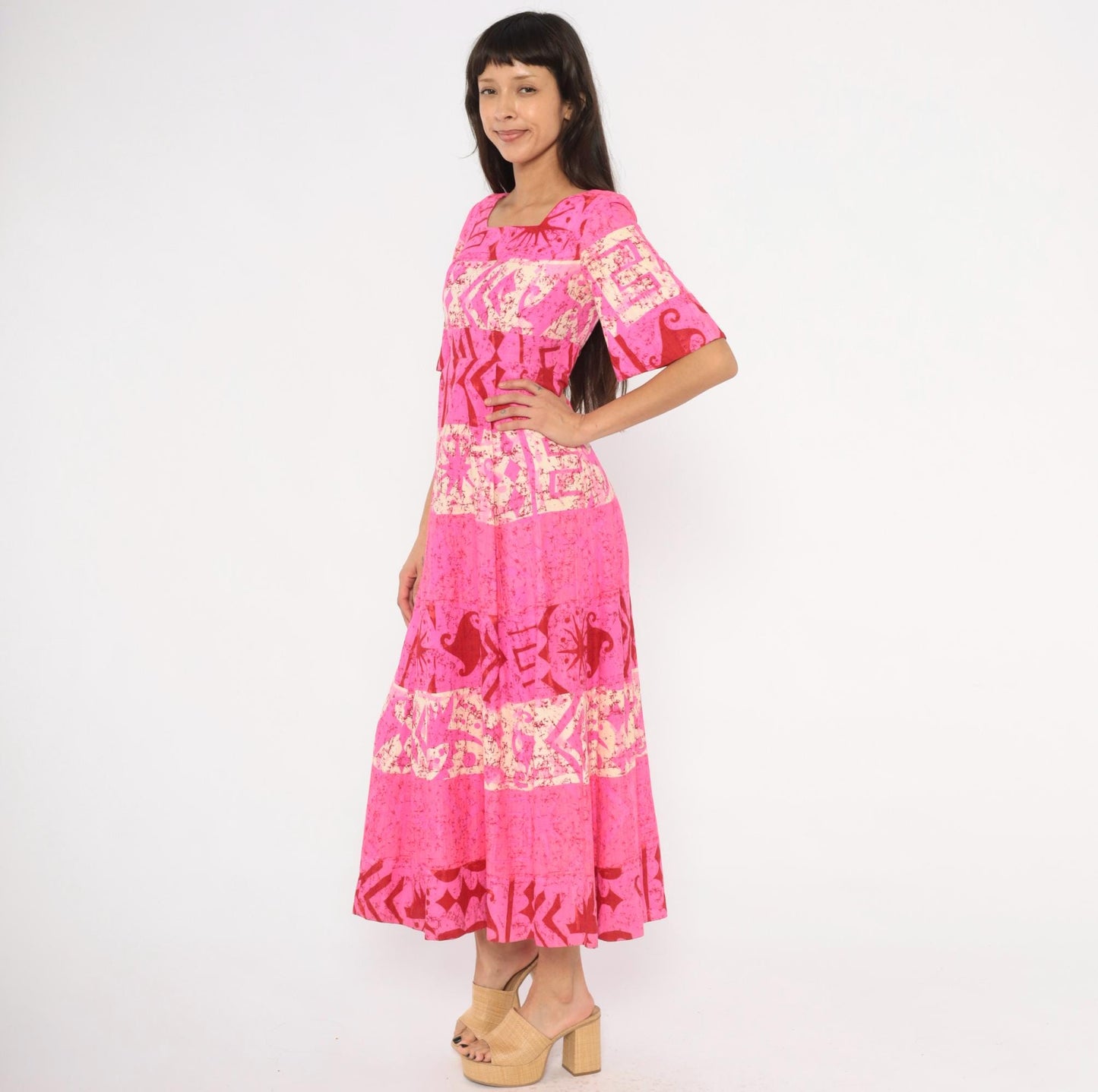 70s Holiday Sportswear Hot Pink Batik Maxi Dress Bell Sleeve Square Neck XS