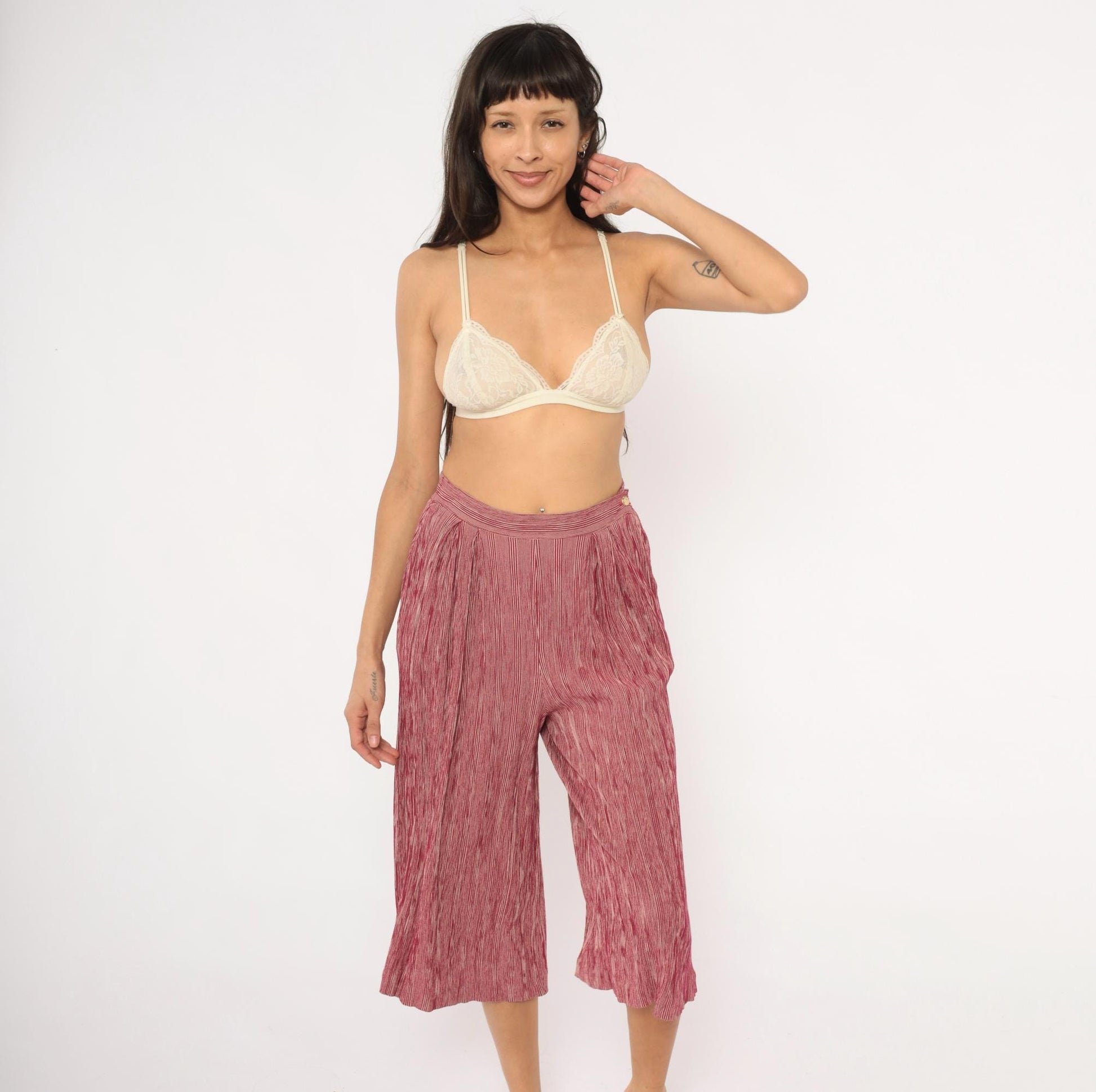 80s Leslie Fay Burgundy Striped Pleated Culottes Wide Leg Cropped Medium