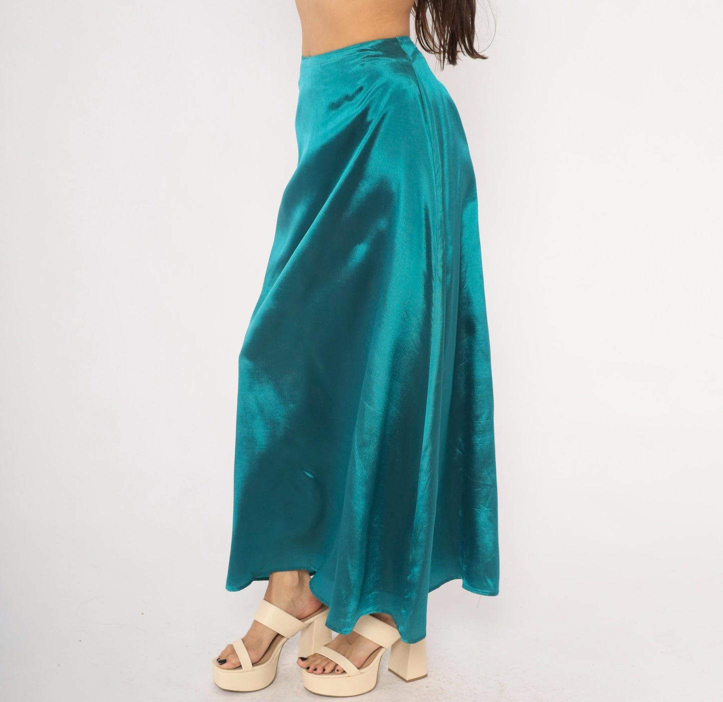 90s Star CCC Teal Satin A-Line Maxi Skirt High Waist Small S