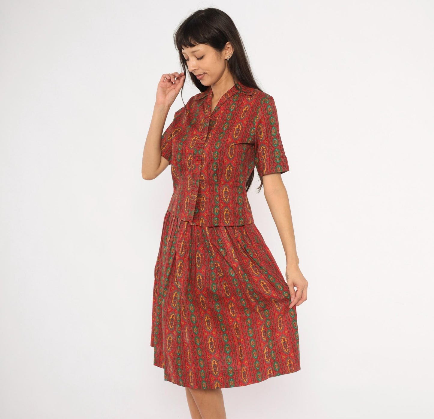 60s Medallion Print Two Piece Set Red Green Cotton Blouse Pleated Skirt Small