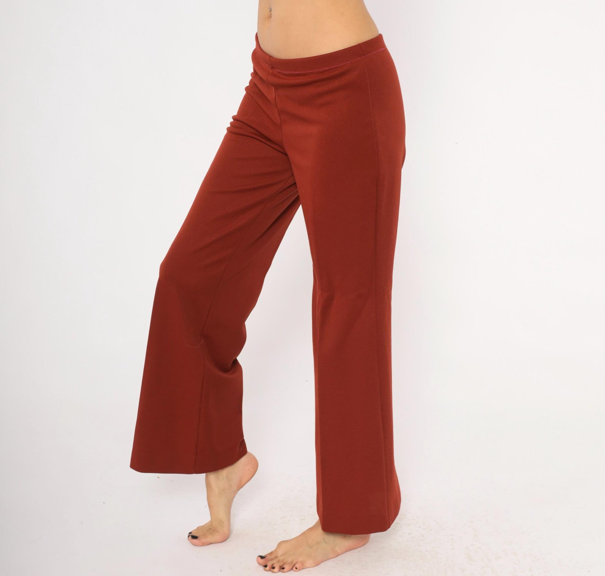70s Rust Wide Leg Pants Elastic Waist Flare Bottom Pull On Trousers Large L