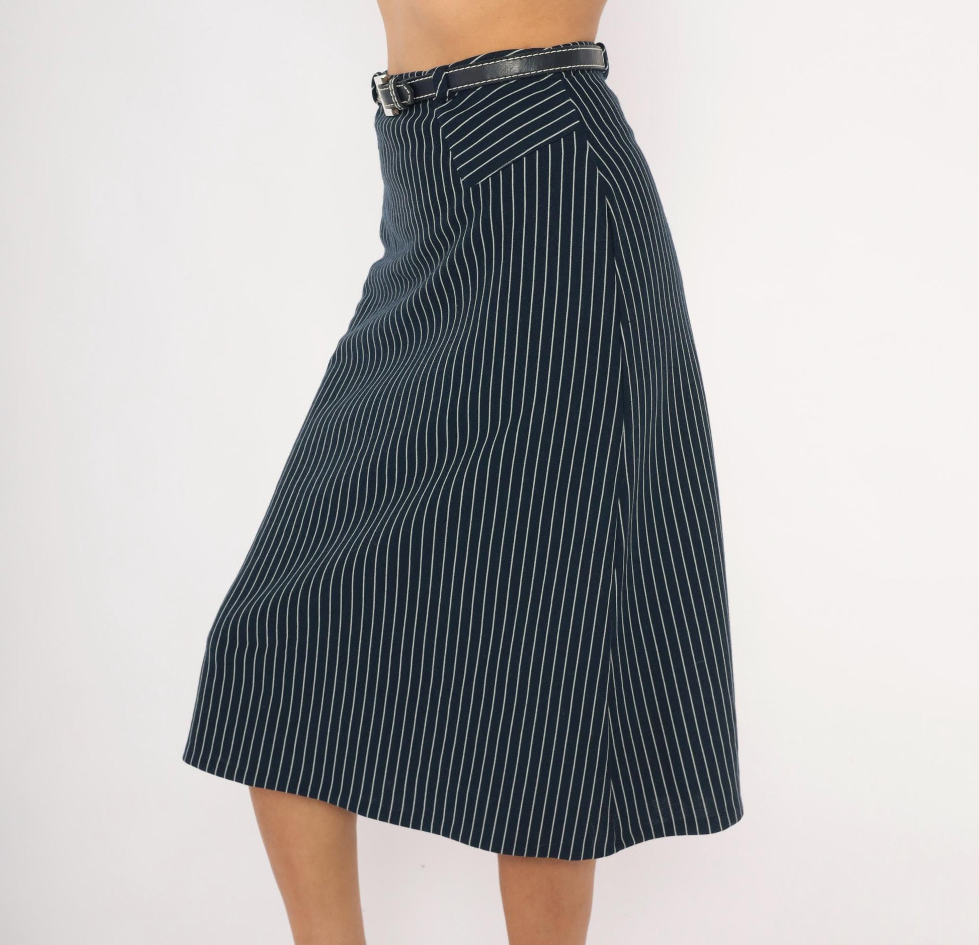 70s Jantzen Navy Pinstripe Midi Skirt Belted White Stripe Small S