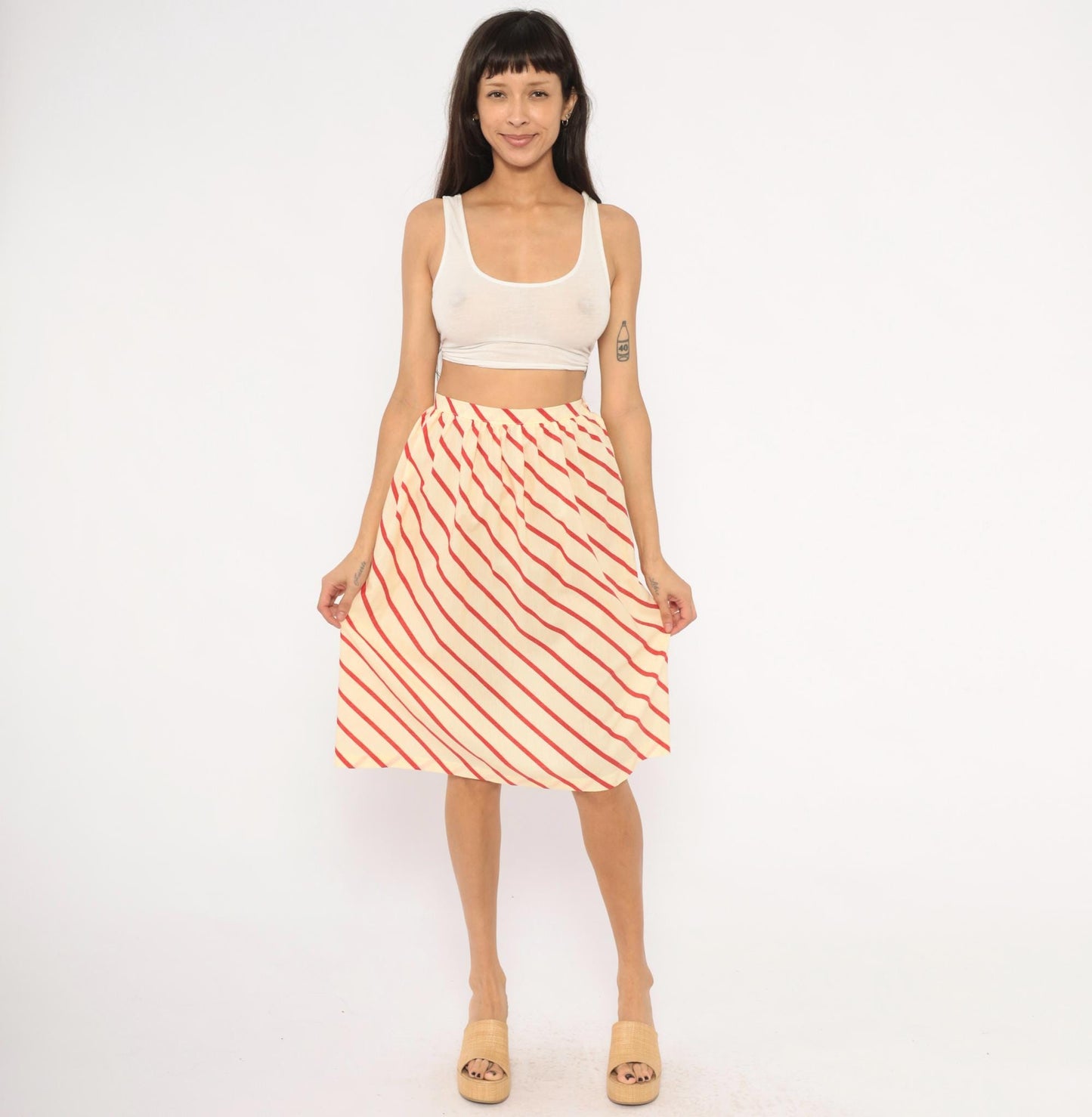60s Bryn Mawr Diagonal Stripe A-Line Skirt Red Cream Knee Length Extra Small XS