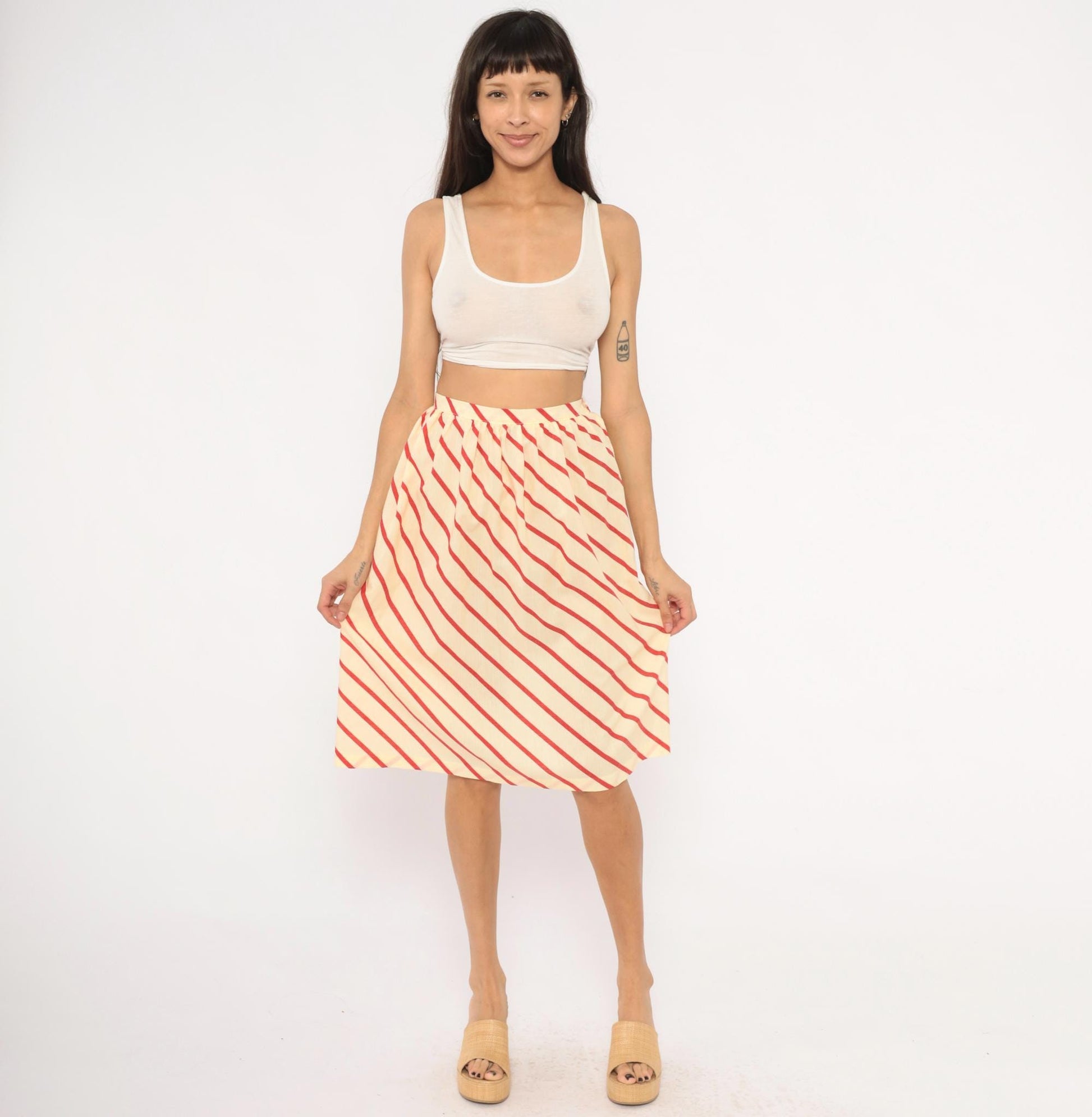 60s Bryn Mawr Diagonal Stripe A-Line Skirt Red Cream Knee Length Extra Small XS