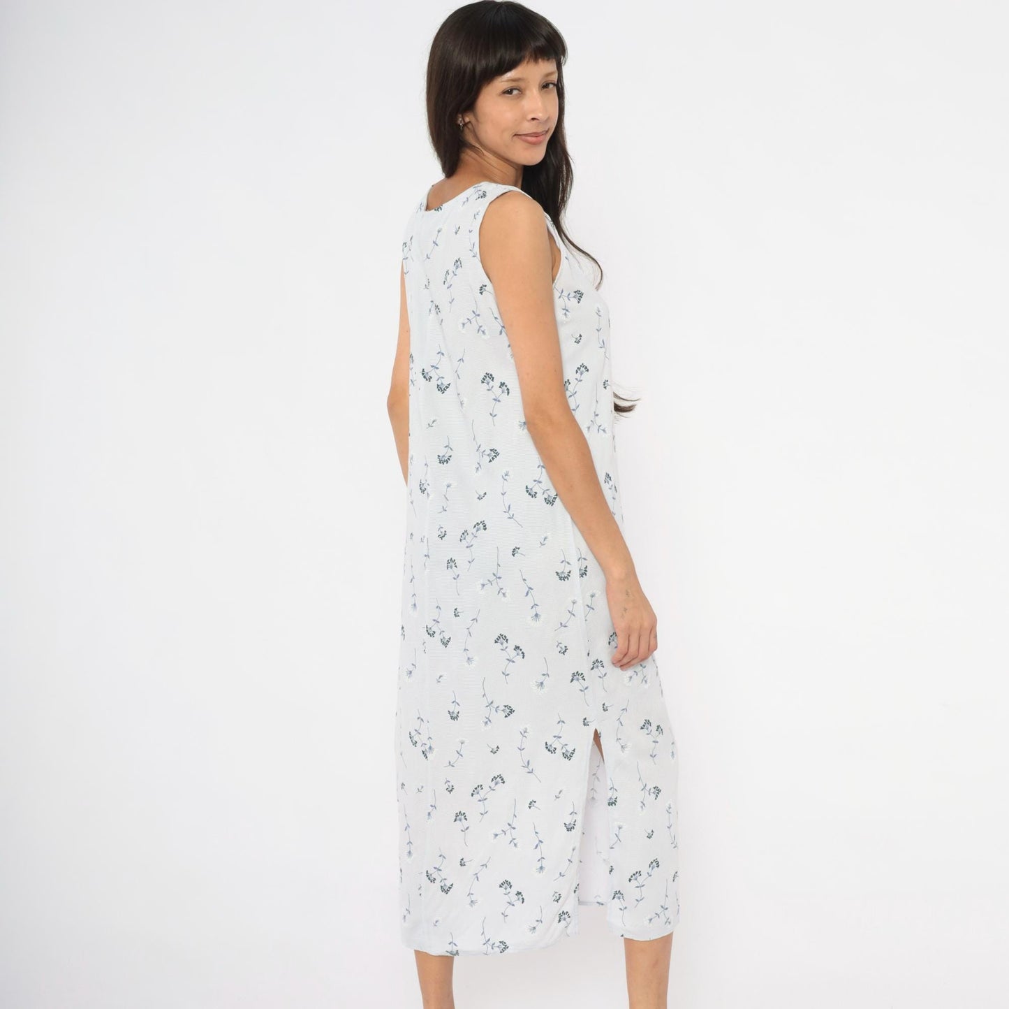 90s Notations Floral Maxi Dress White Navy Wildflower Sleeveless Medium