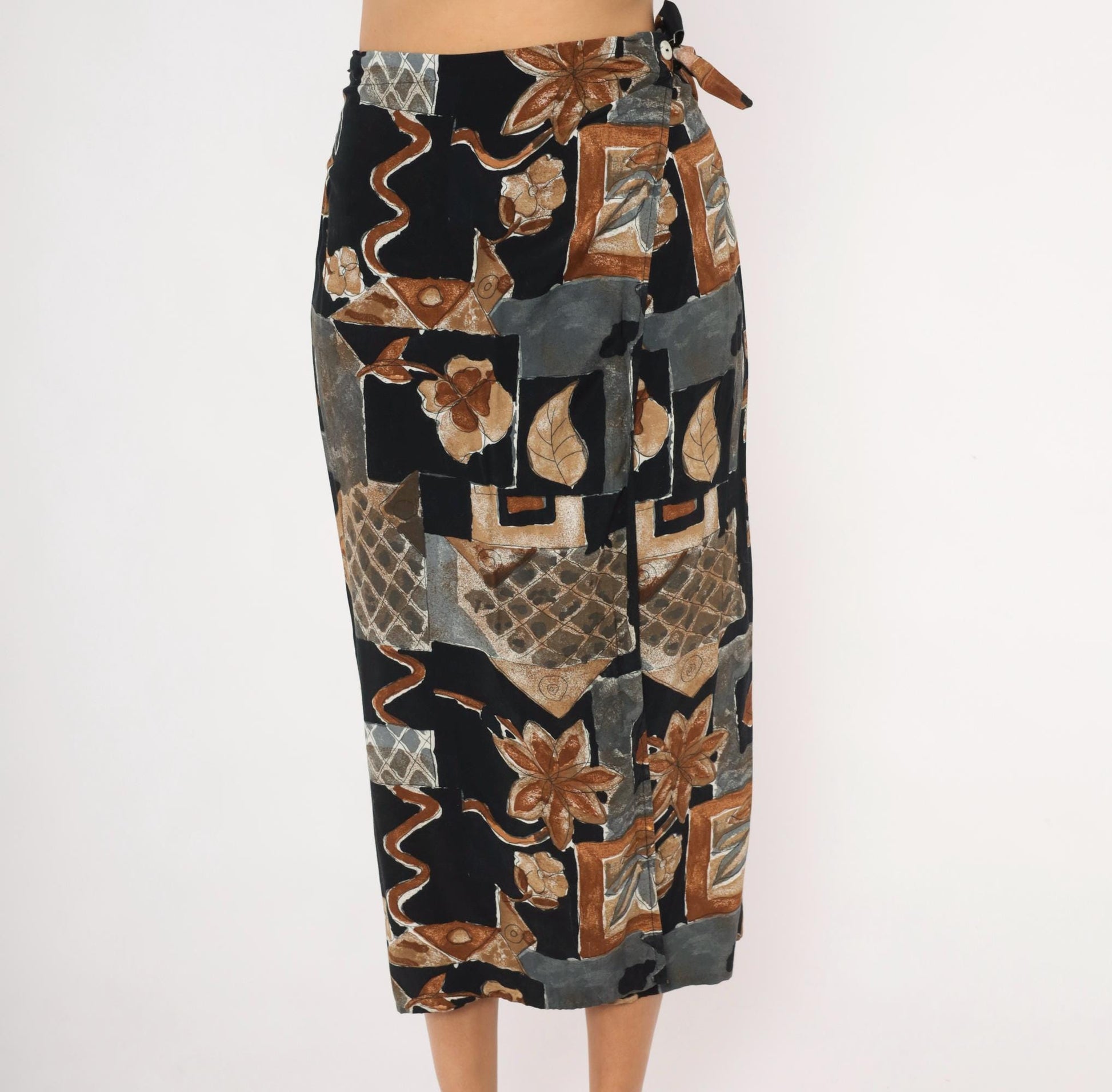 90s Abstract Botanical Wrap Skirt Black Patchwork Midi Small S