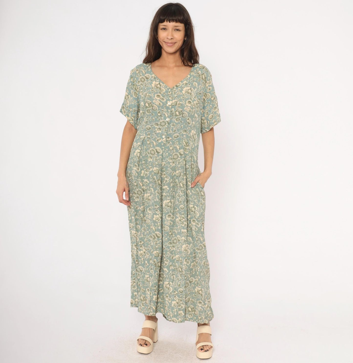 90s April Cornell Floral Maxi Dress Teal Cream V-Neck Short Sleeve Large L