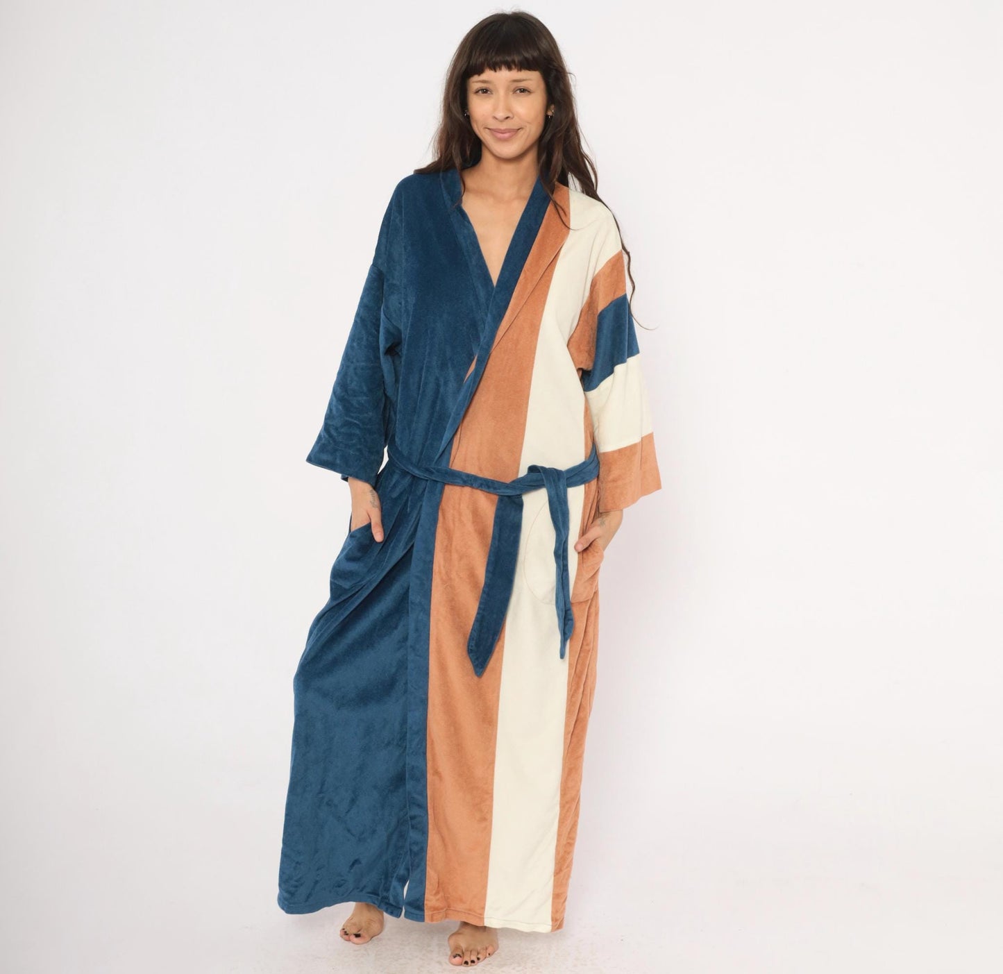 80s JCPenney Velour Kimono Robe Colorblock Navy Copper Cream One Size