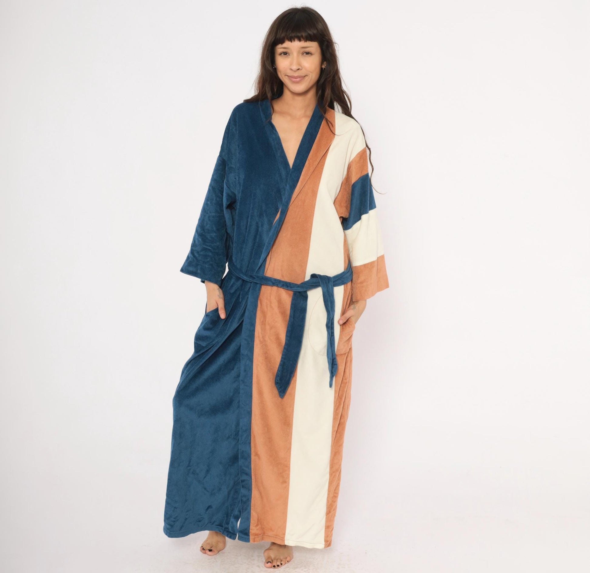 80s JCPenney Velour Kimono Robe Colorblock Navy Copper Cream One Size