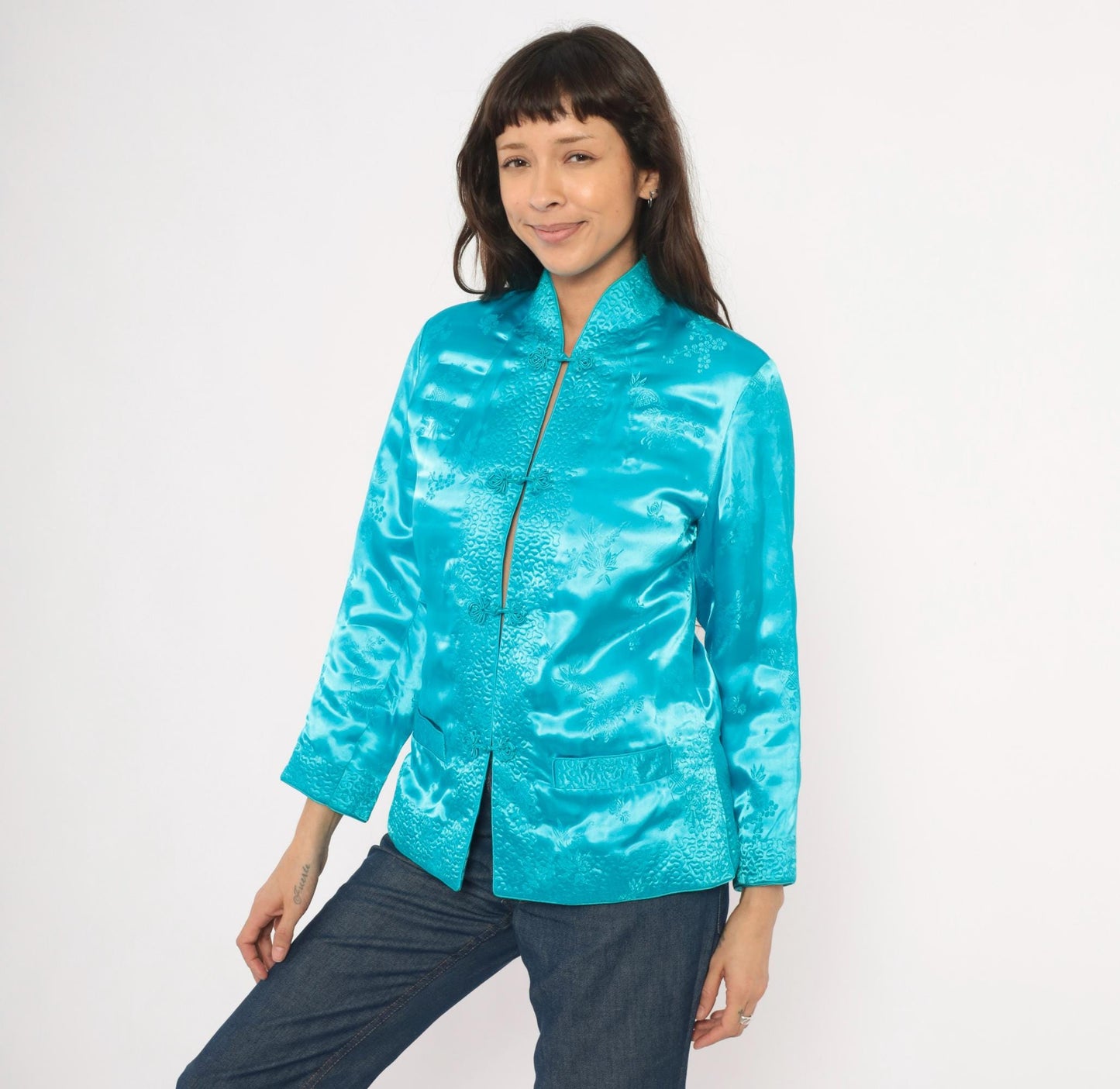 80s Peony Turquoise Silk Jacket Mandarin Collar Frog Button Floral Brocade Small S