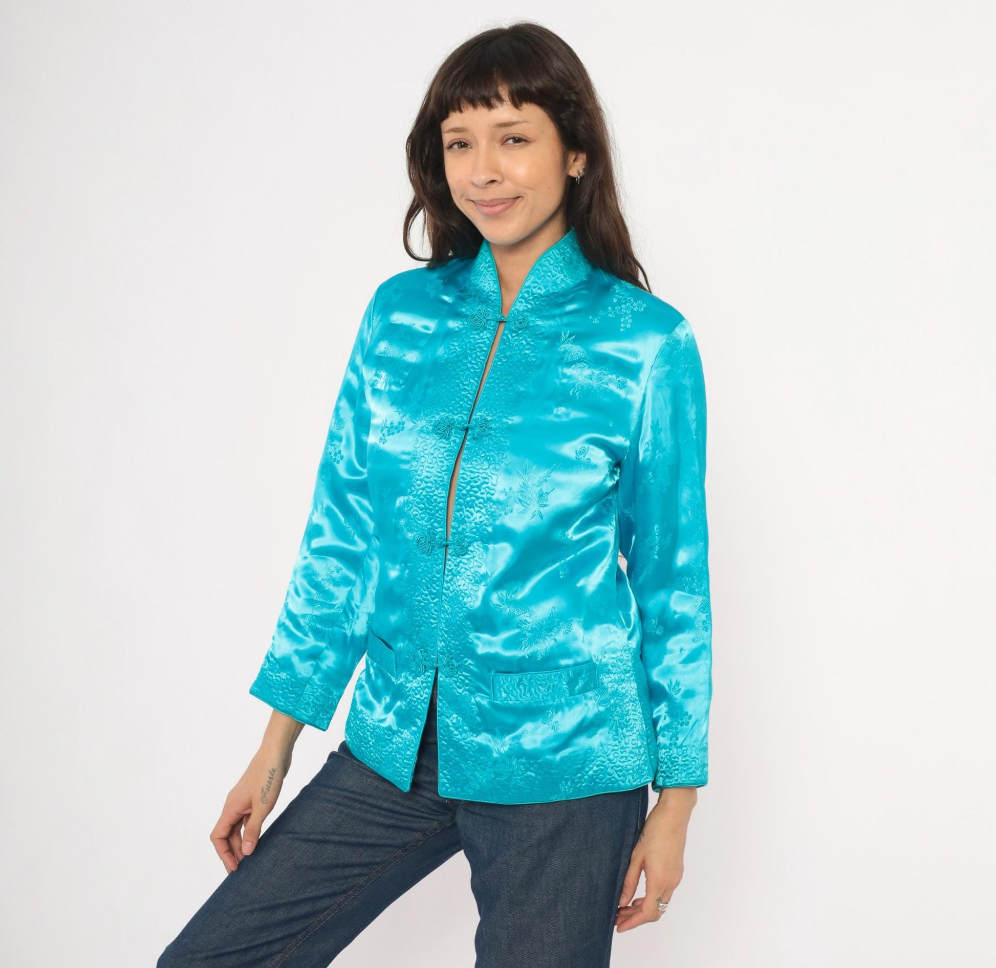 80s Peony Turquoise Silk Jacket Mandarin Collar Frog Button Floral Brocade Small S