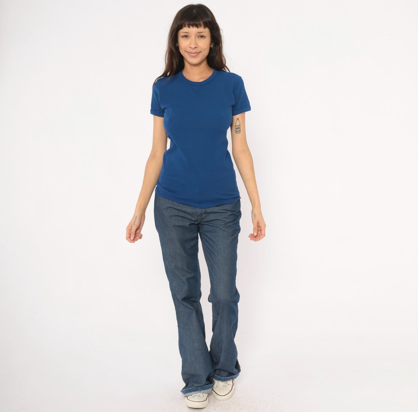 70s St Michaels Cobalt Ribbed Knit Crew Neck Tee Short Sleeve Small Medium