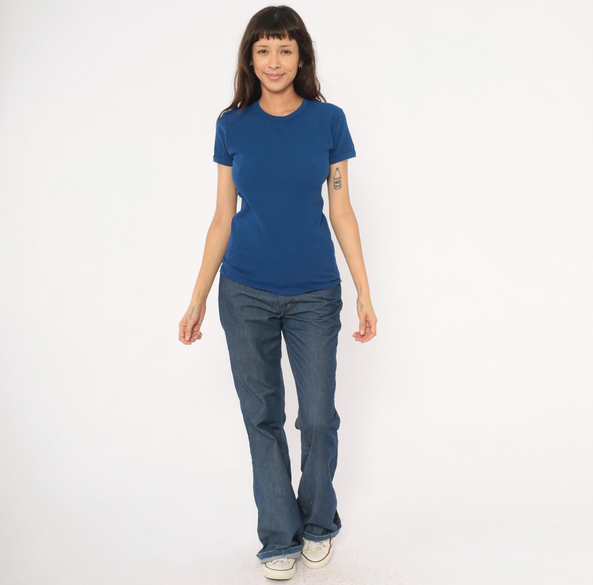 70s St Michaels Cobalt Ribbed Knit Crew Neck Tee Short Sleeve Small Medium