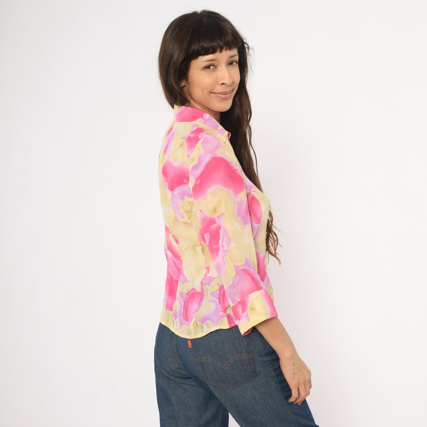90s Caviar Watercolor Floral Sheer Blouse Pink Pointed Collar Small