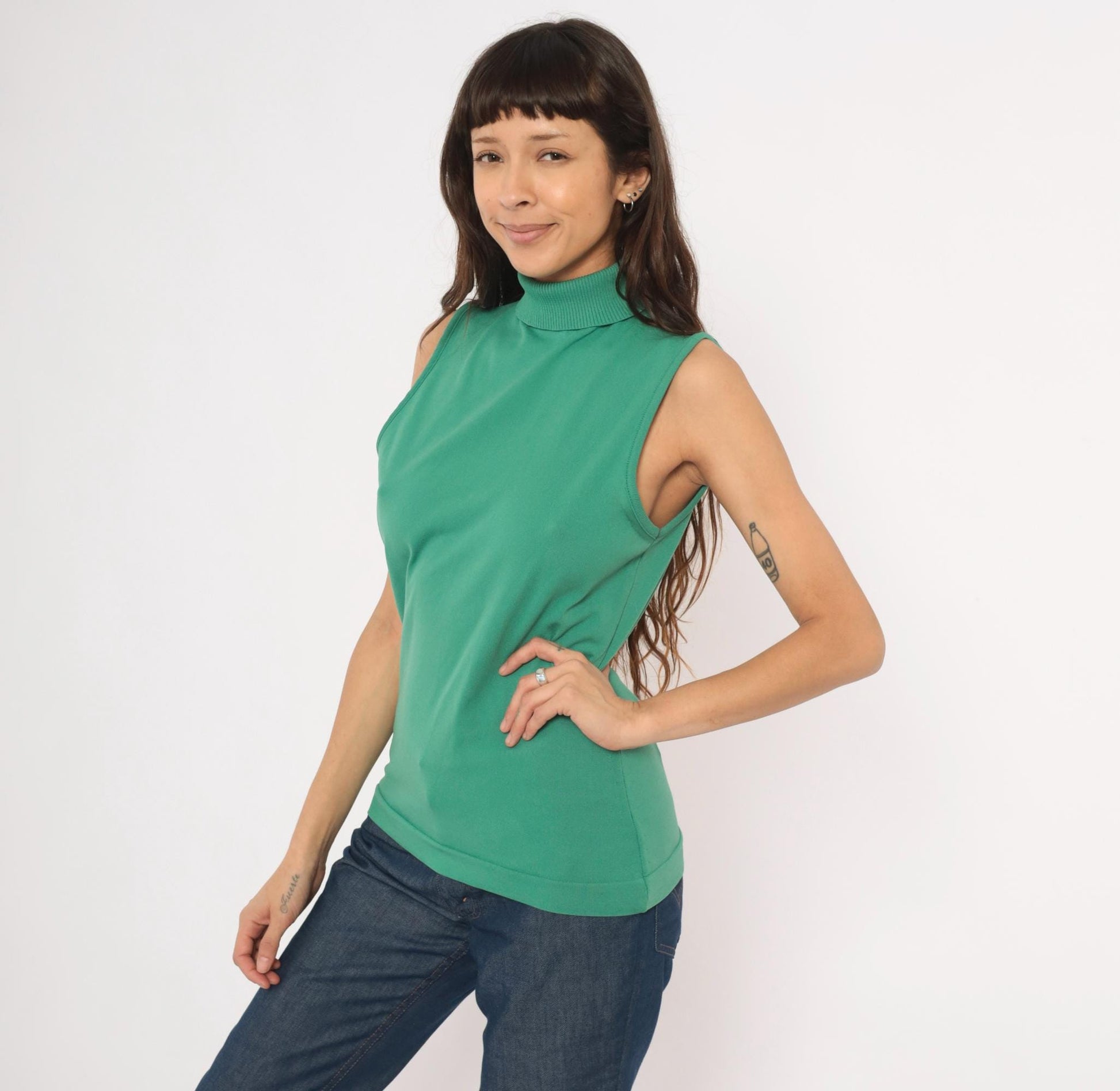 70s Sage Green Sleeveless Mock Neck Knit Tank Top Ribbed Shell Medium Large
