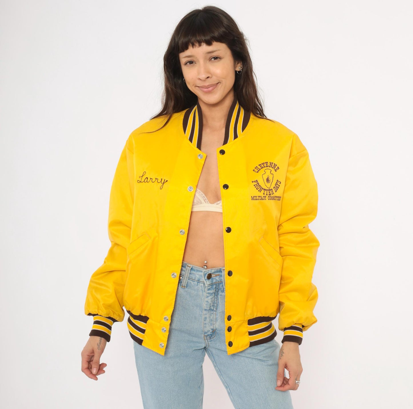 80s DeLong Sportswear Varsity Jacket Gold Nylon Bomber Cheyenne Frontier Days Medium