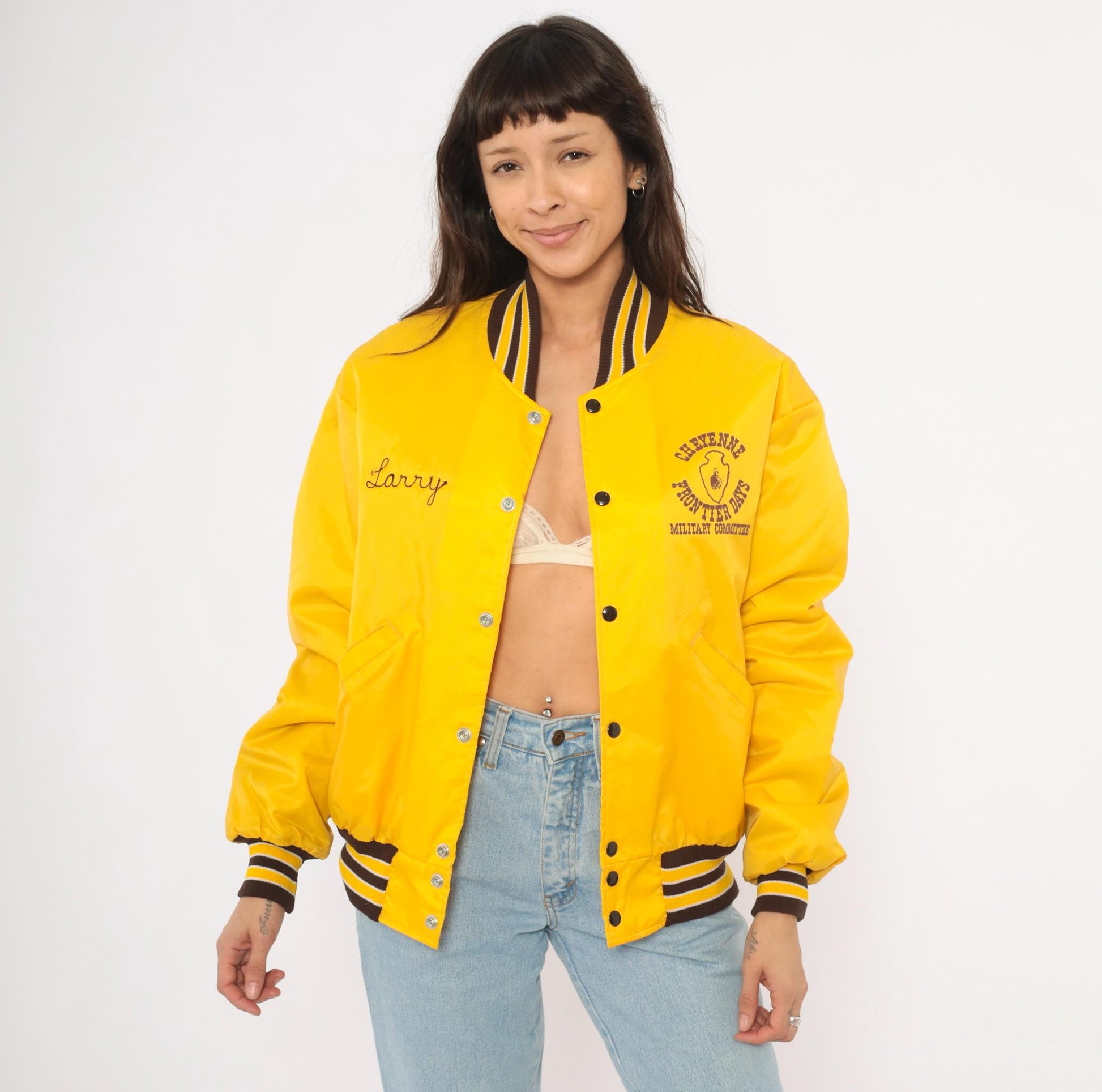 80s DeLong Sportswear Varsity Jacket Gold Nylon Bomber Cheyenne Frontier Days Medium