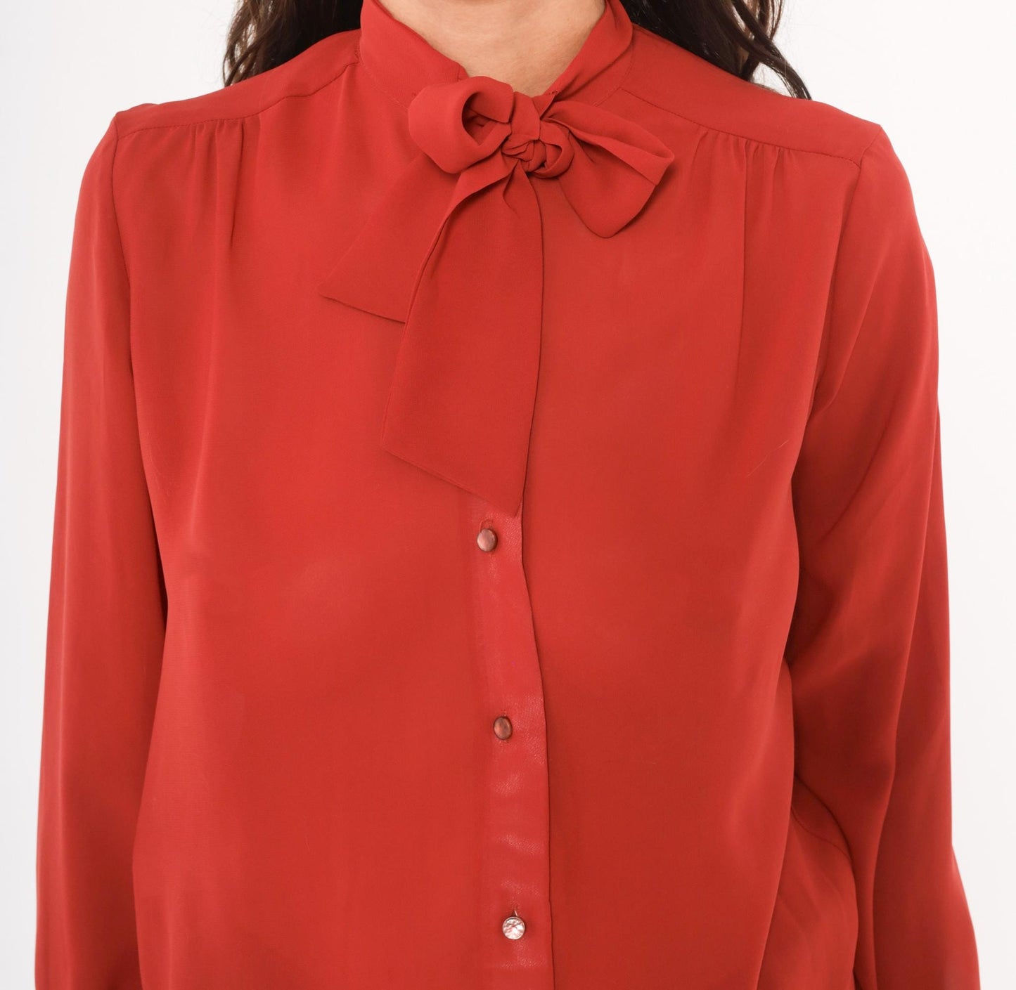 70s Kanga Petite Bow Neck Blouse Rust Terra Cotta Button Front Small