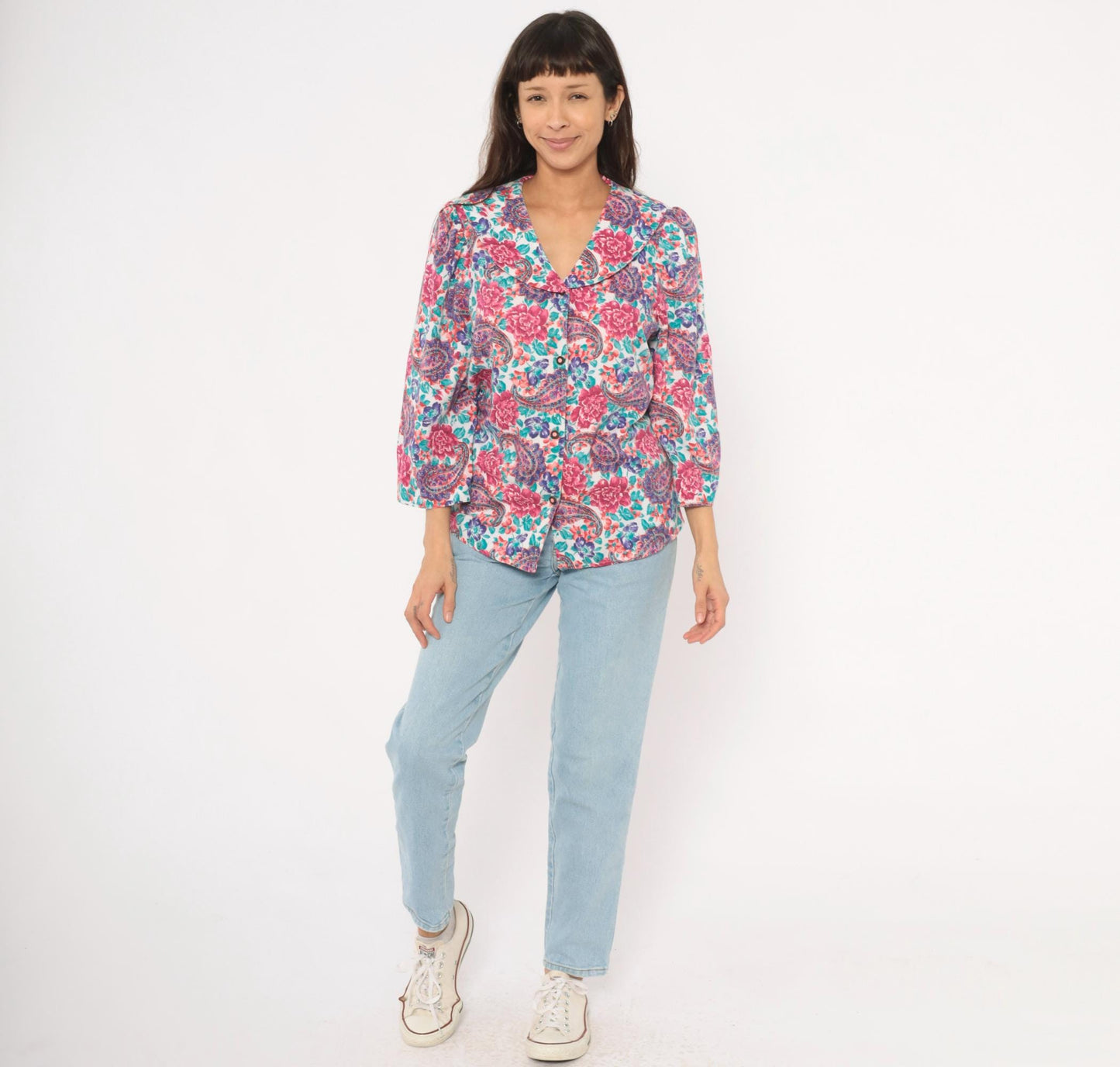90s Worthington Floral Paisley Blouse Pink Teal Purple Three Quarter Sleeve Large L